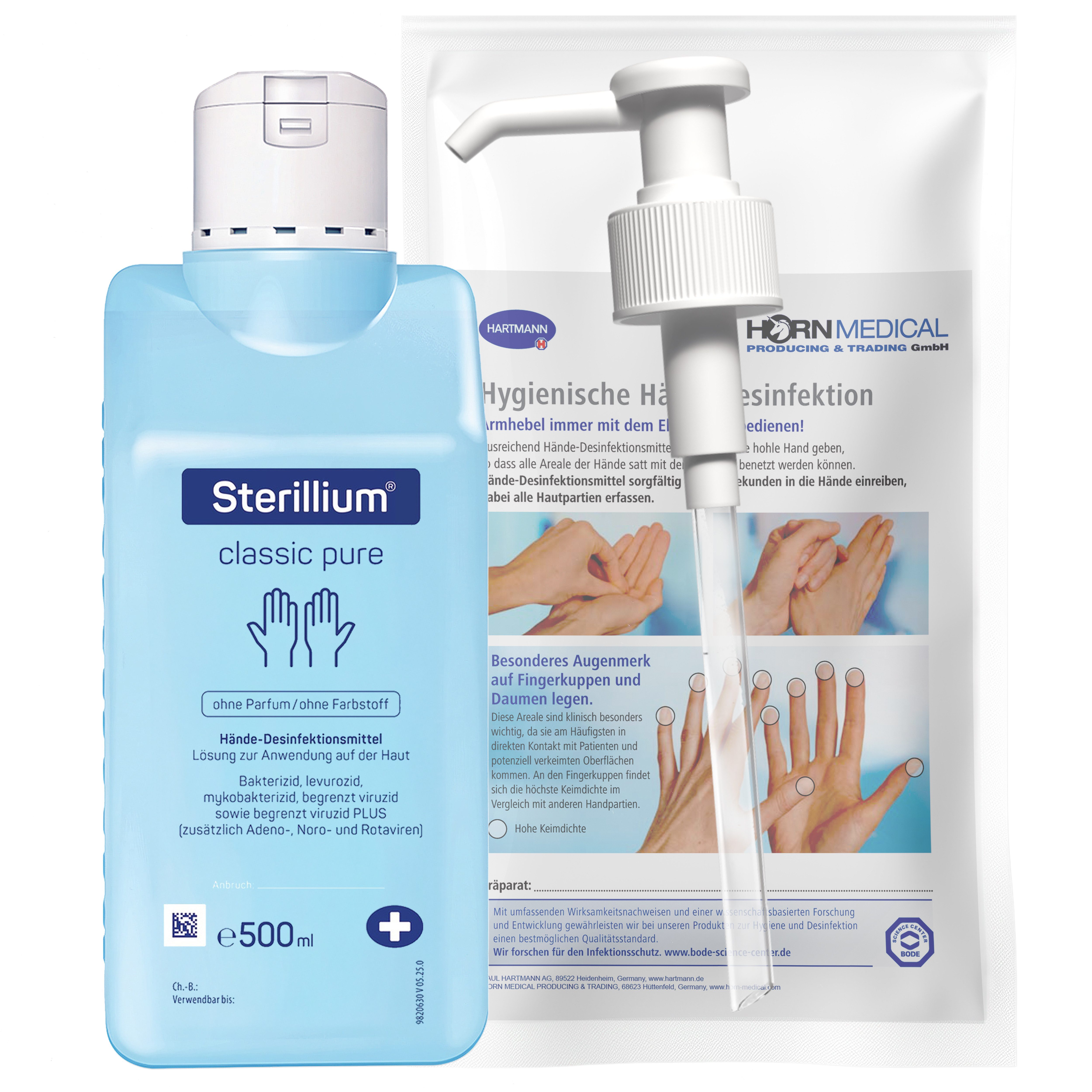 Horn Medical Horn Medical Dosierpumpe mit Sterillium classic pure 500ml Hand-Desinfektionsmittel (Spar-Set, [- bekannt & bewährt Farbstoff- und parfümfrei auch für empfindliche Haut)