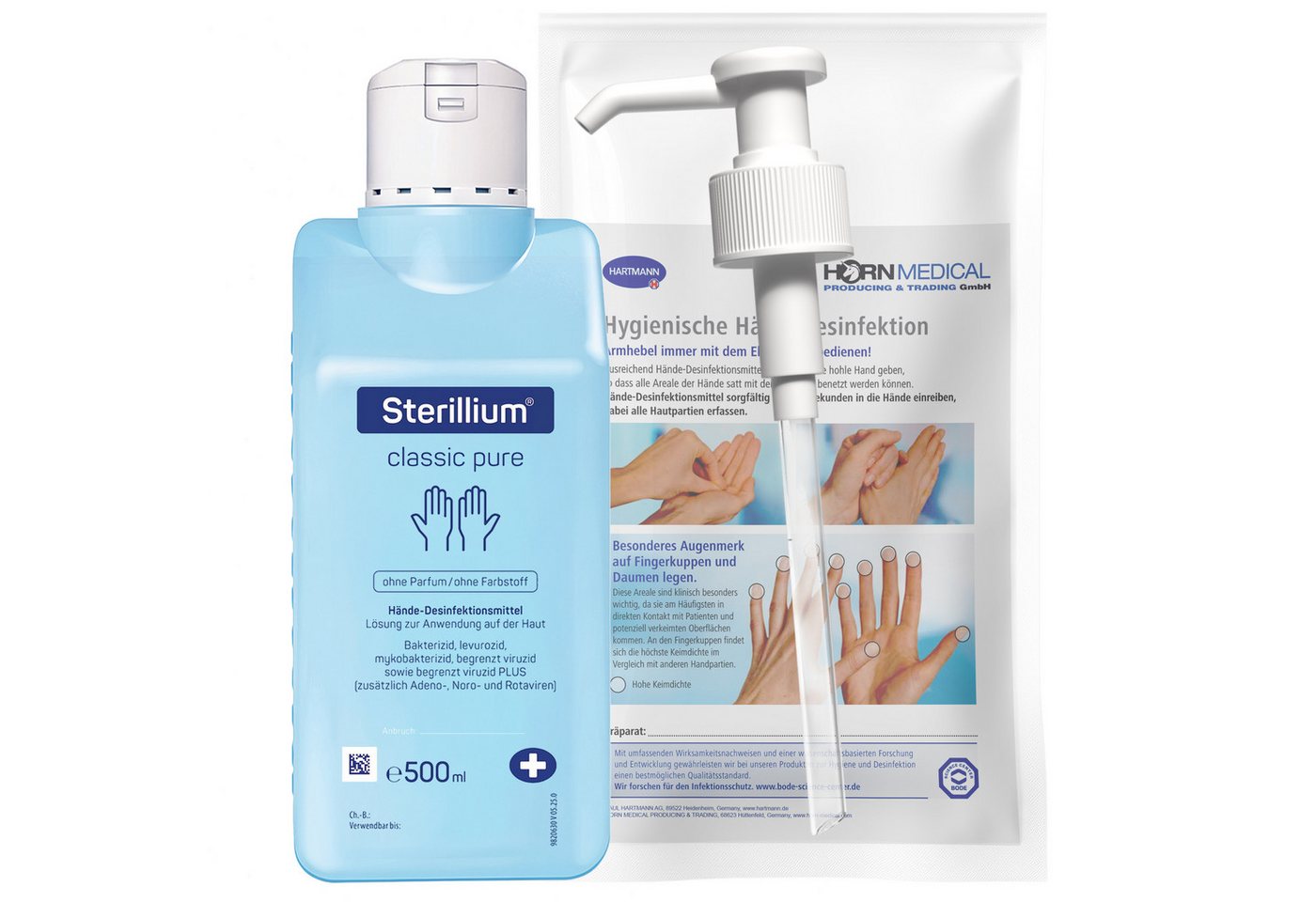 Horn Medical Horn Medical Dosierpumpe mit Sterillium classic pure 500ml Hand-Desinfektionsmittel (Spar-Set, [- bekannt & bewährt Farbstoff- und parfümfrei auch für empfindliche Haut)