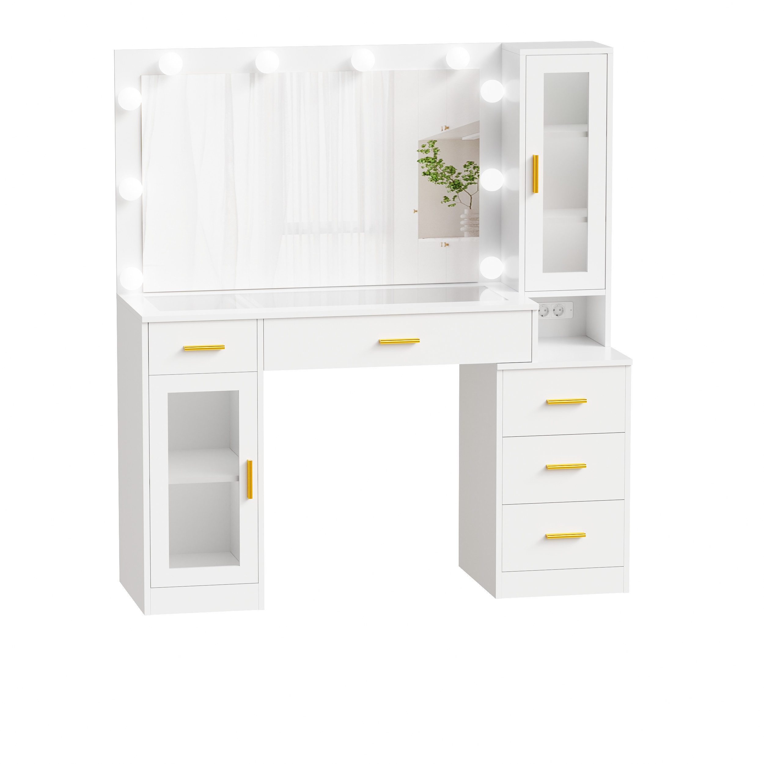 BEWISHOME Schminktisch mit LED-Spiegel und Ladestation, Glasplatte, 5 Schubladen (1-St), 3 Beleuchtungsmodi, einstellbare Helligkeit, 125x40x140cmn