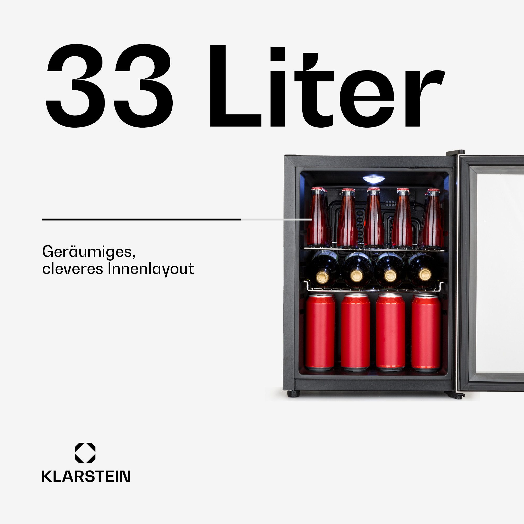 Klarstein Getränkekühlschrank Beersafe M Getränkekühlschrank 33 L Glastür Edelstahl 2 Böden 10033119, 55.2 cm hoch, 40.3 cm breit, Mini Kühlschrank Bierkühlschrank klein Getränkekühlschrank mit Glastür