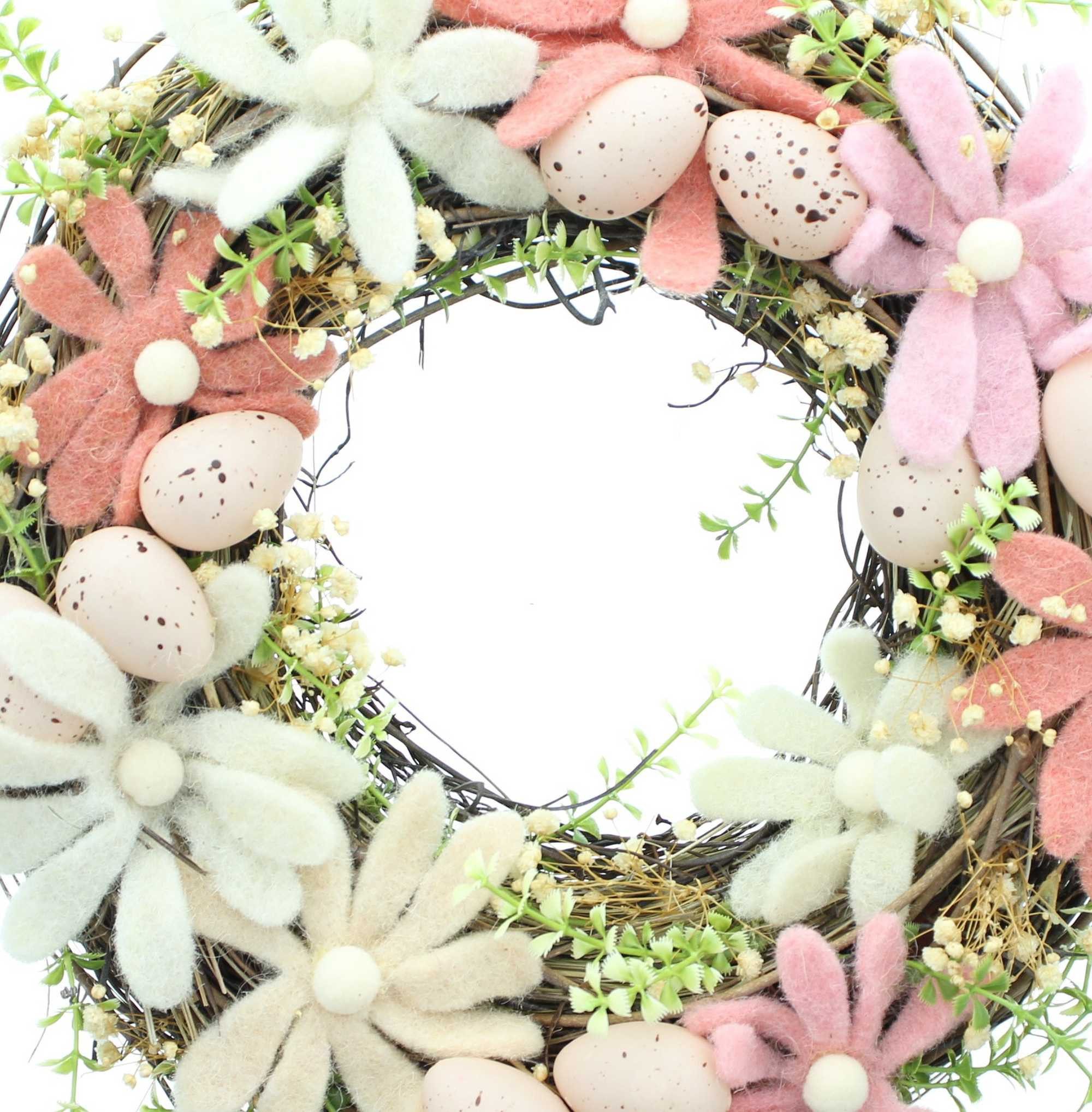 Dekoleidenschaft Osterkranz "Osterwiese" Ø 32 cm, Dekokranz mit Filzblüten & Eiern, Tischkranz, Wandkranz, Türkranz, Osterdekoration, Kranz, Frühlingskranz