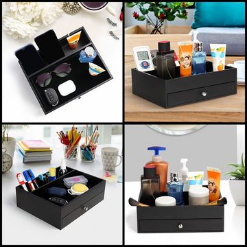 Belle Vous Organizer Schwarze Lederablage mit 7 Fächern und Schublade, Black Leather Tray with 7 Compartments and Drawer