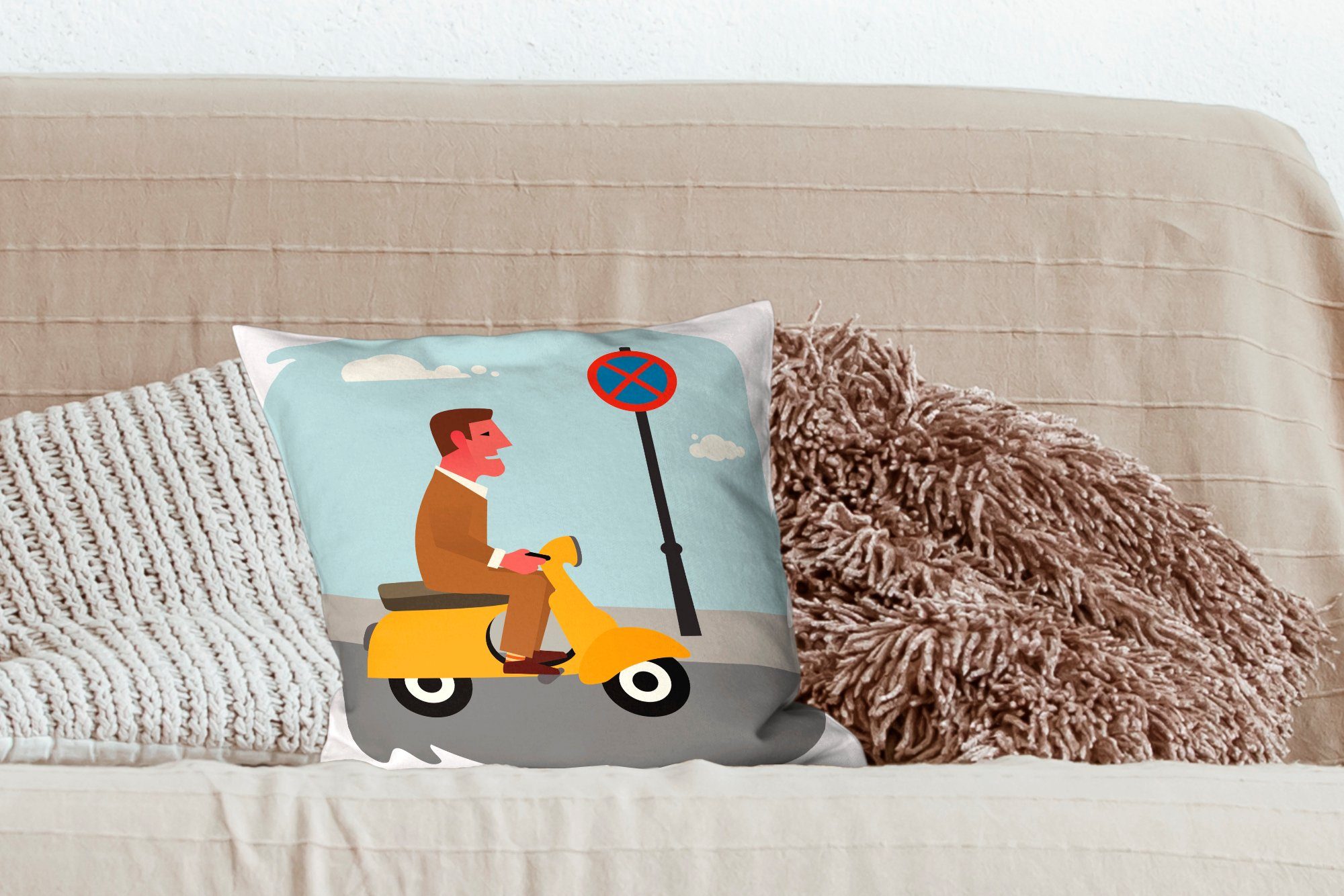 Schlafzimmer, Füllung Deko, MuchoWow Zierkissen Sofakissen für Wohzimmer, einer Illustration Vespa, auf Dekokissen eines mit Mannes