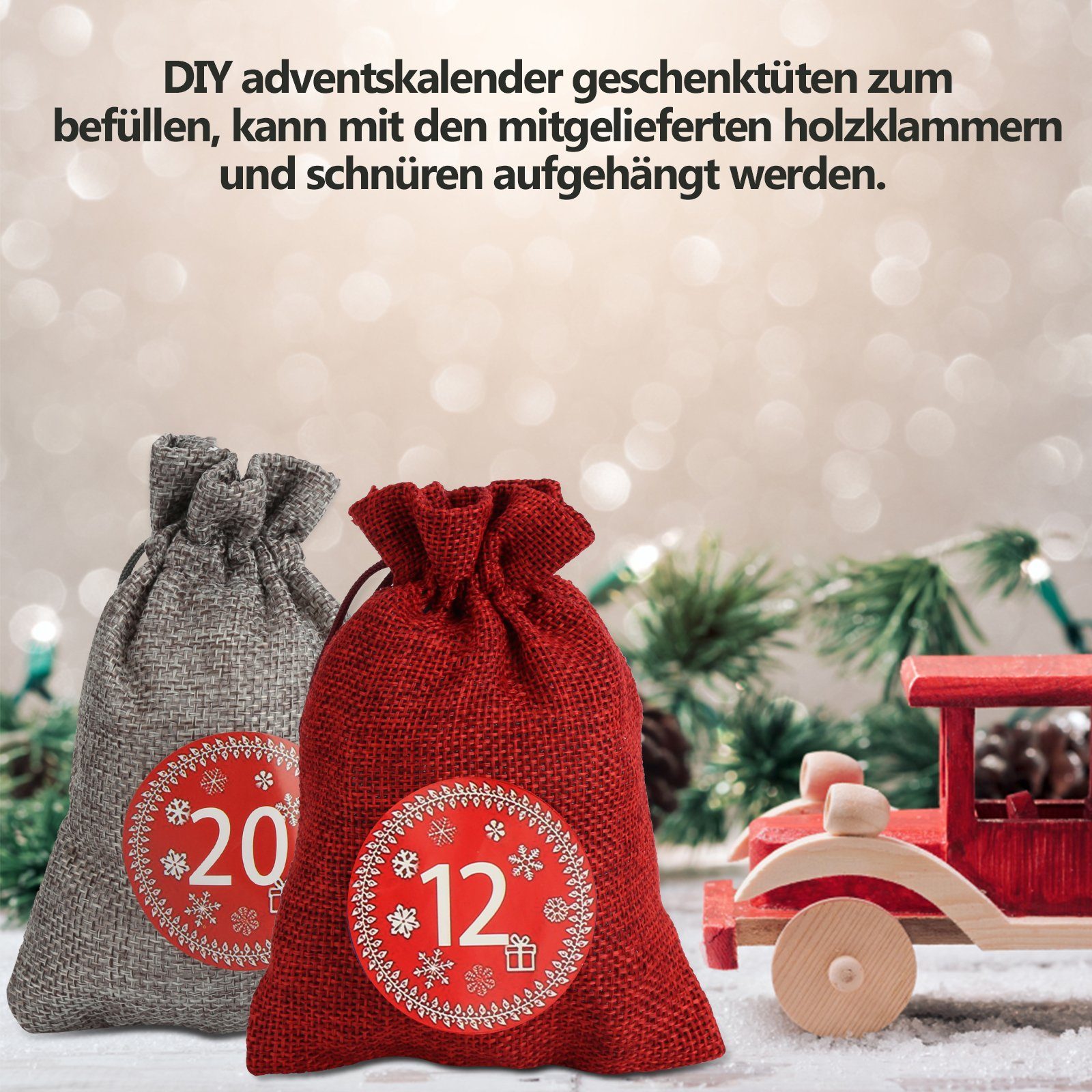 zum Dekohänger Adventskalender Lospitch 24Stk Rot/Grau Weihnachten Weihnachtskalender Befüllen