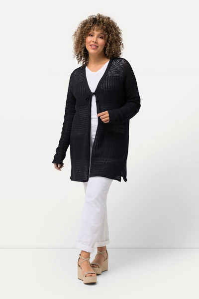 Ulla Popken Strickjacke Strickjacke Lochstrick Oversized V-Ausschnitt