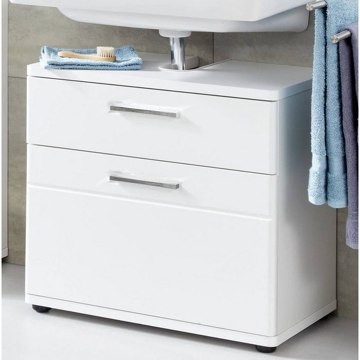 trendteam Waschbeckenunterschrank Monte (Waschtisch Unterschrank weiß Hochglanz Breite 60 cm) mit Schublade und Klappe Chrom-Griffe