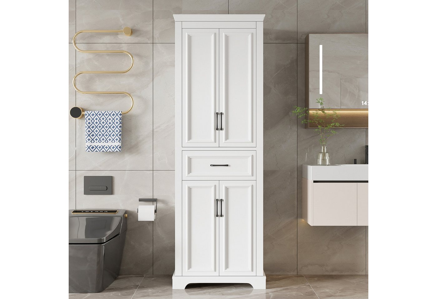 Flieks Badkommode Badezimmerschrank mit Schubladen und verstellbaren Einlegeböden (60x40x180 cm, 1 St), Hochschrank Mehrzweckschrank mit Soft-Close-Funktion Weiß