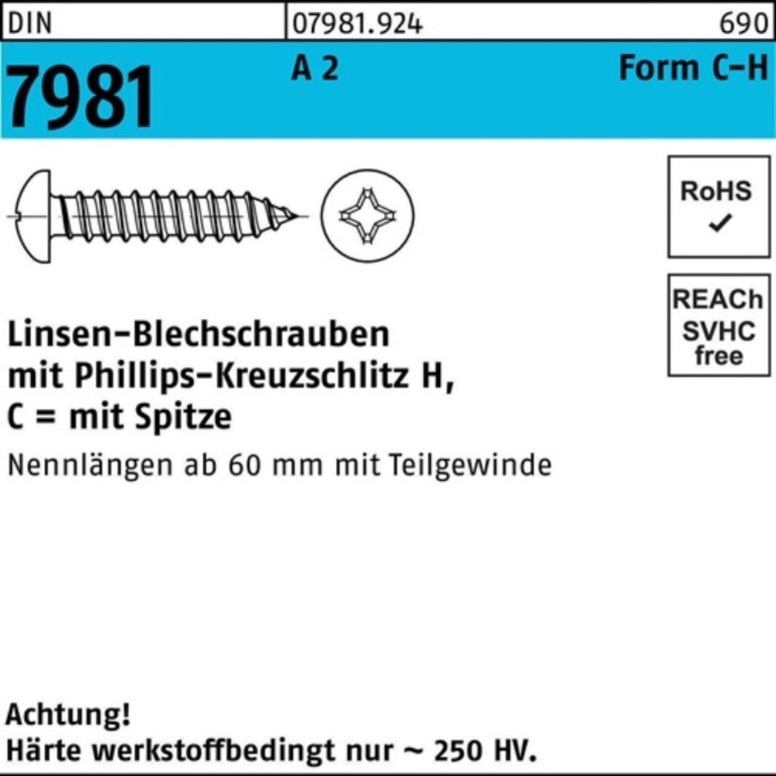 Reyher Blechschraube 100er Pack Blechschraube C 3,9 x 13 -H DIN 7981 LIKO m.Kreuzschlitz-PH