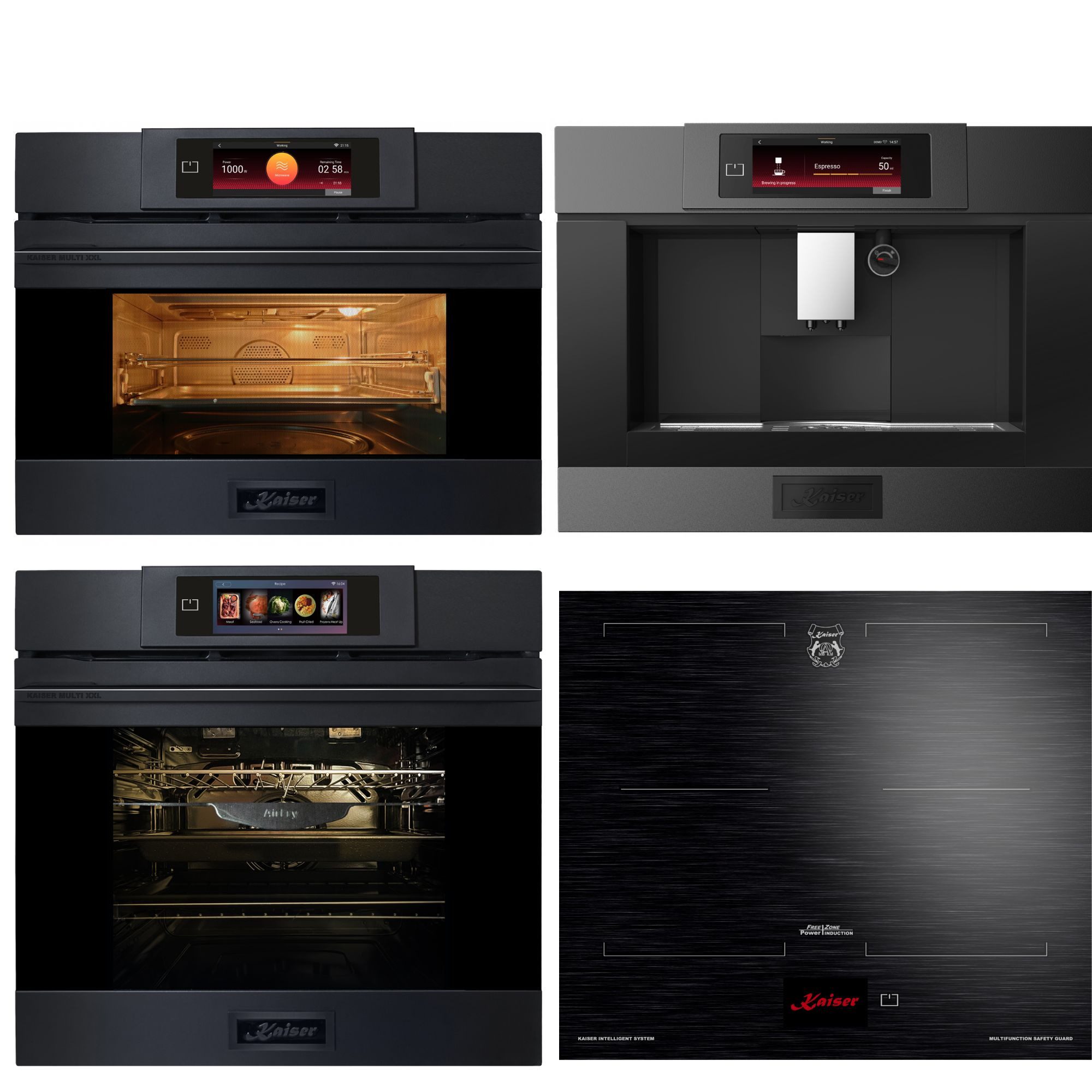 Kaiser Küchengeräte Backofen-Set Herd Set Autark Elektro-Backofen 60 cm Multi 29+Induktionskochfeld 60 cms, TFT Display+EinbauMikrowelle mit Backofenfunktion-AirFry,Heißluft,TFT Full Touch+Kaffeevollautomat mit TFT-Display Kafeevollautomat Espresso,Americano,Cappuccino,Latte EH 6347+KCT 6140 FI+EM 6349+KA 6359, mit 1-fach-Teleskopauszug