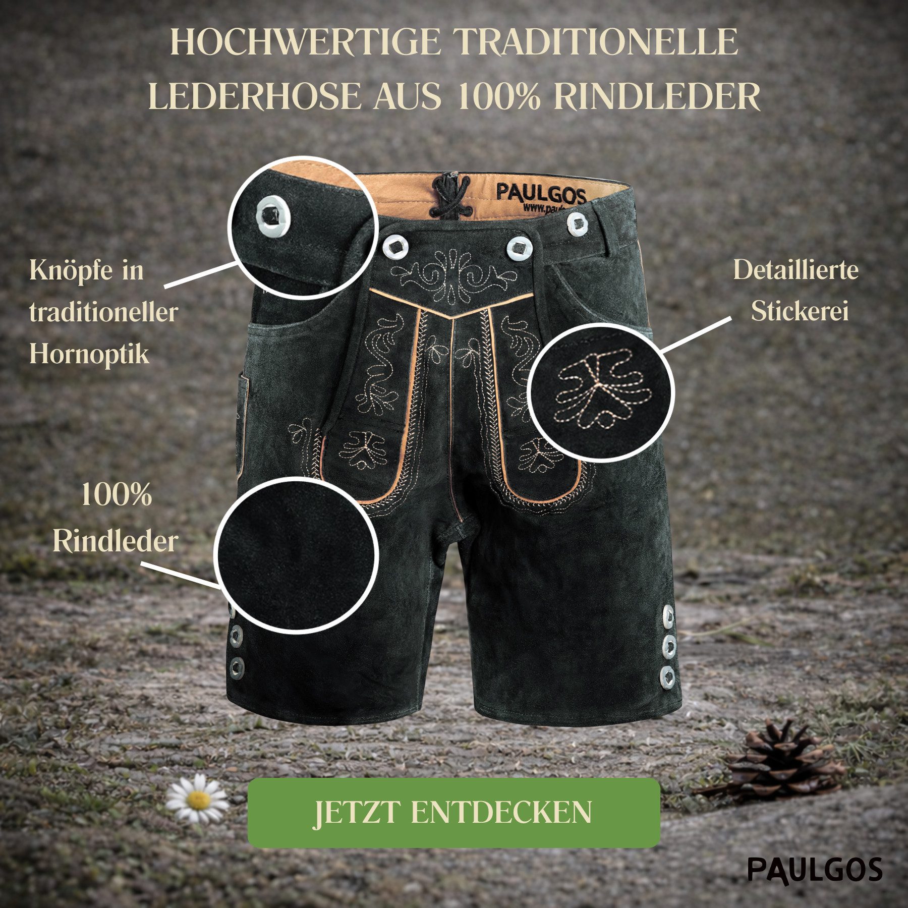 PAULGOS Trachtenhose Herren Lederhose Kurz mit Trägern 100% Echtleder - HK2