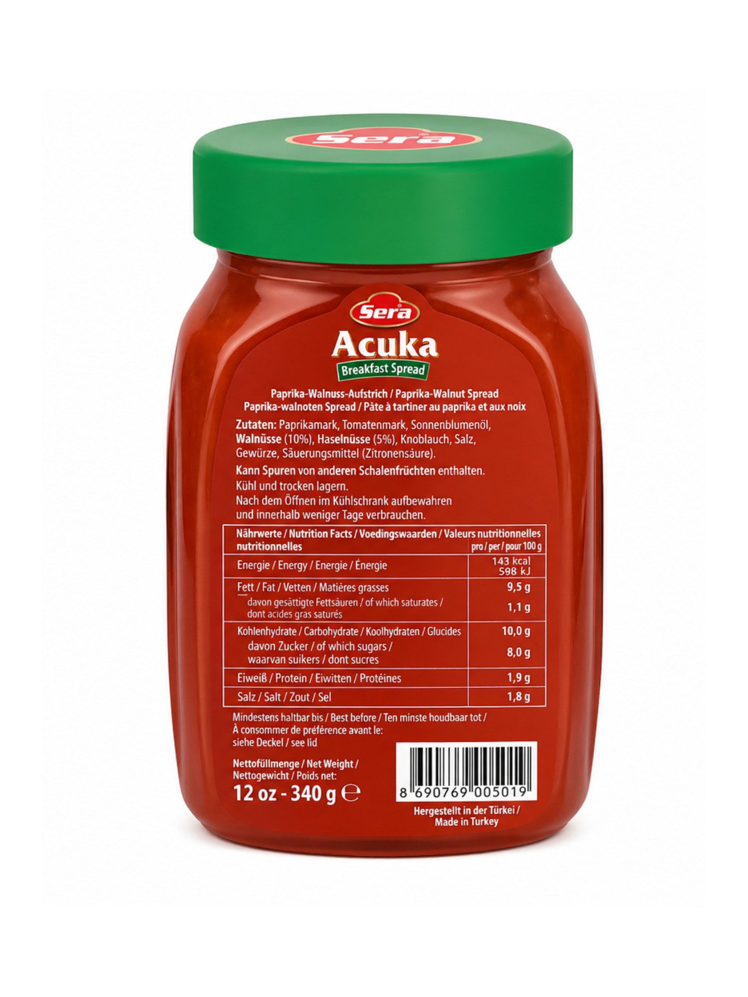 SERA FOOD Saucen Sera Acuka Aufstrich 340g mild Paprika Walnuss Frühstück, 1 x, Ohne künstliche Farbstoffe, Vegetarisch, Aufstrich