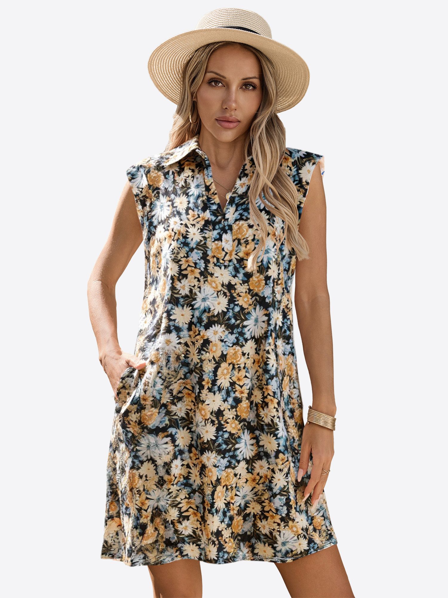 Imily Bela Druckkleid Damen ärmellos Blumenmuster mit V-Ausschnitt und Seitentaschen (Packung, 1-tlg., 1per-Pack) Print