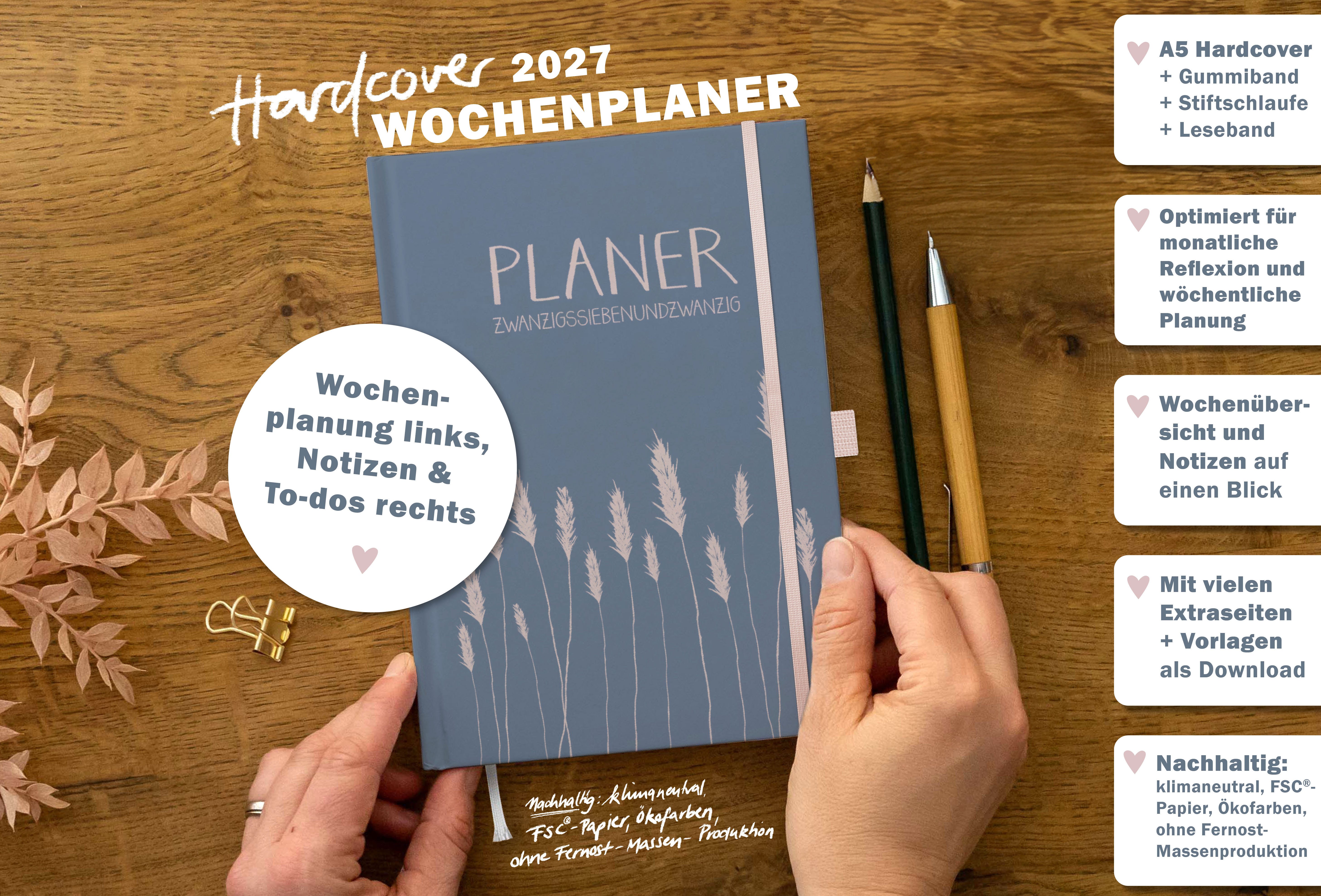 Eine der Guten Verlag Terminkalender Terminplaner 2027 - A5, blau rosa, 1 Doppelseite / Woche, FSC-Papier, Hardcover, Gummiband, Stiftschlaufe – Bild 2 von 5