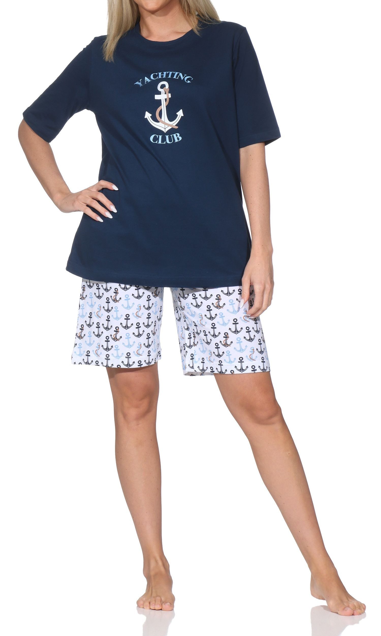 Normann Pyjama Damen kurzarm Schlafanzug Shorty maritimer Look – auch in Übergröße