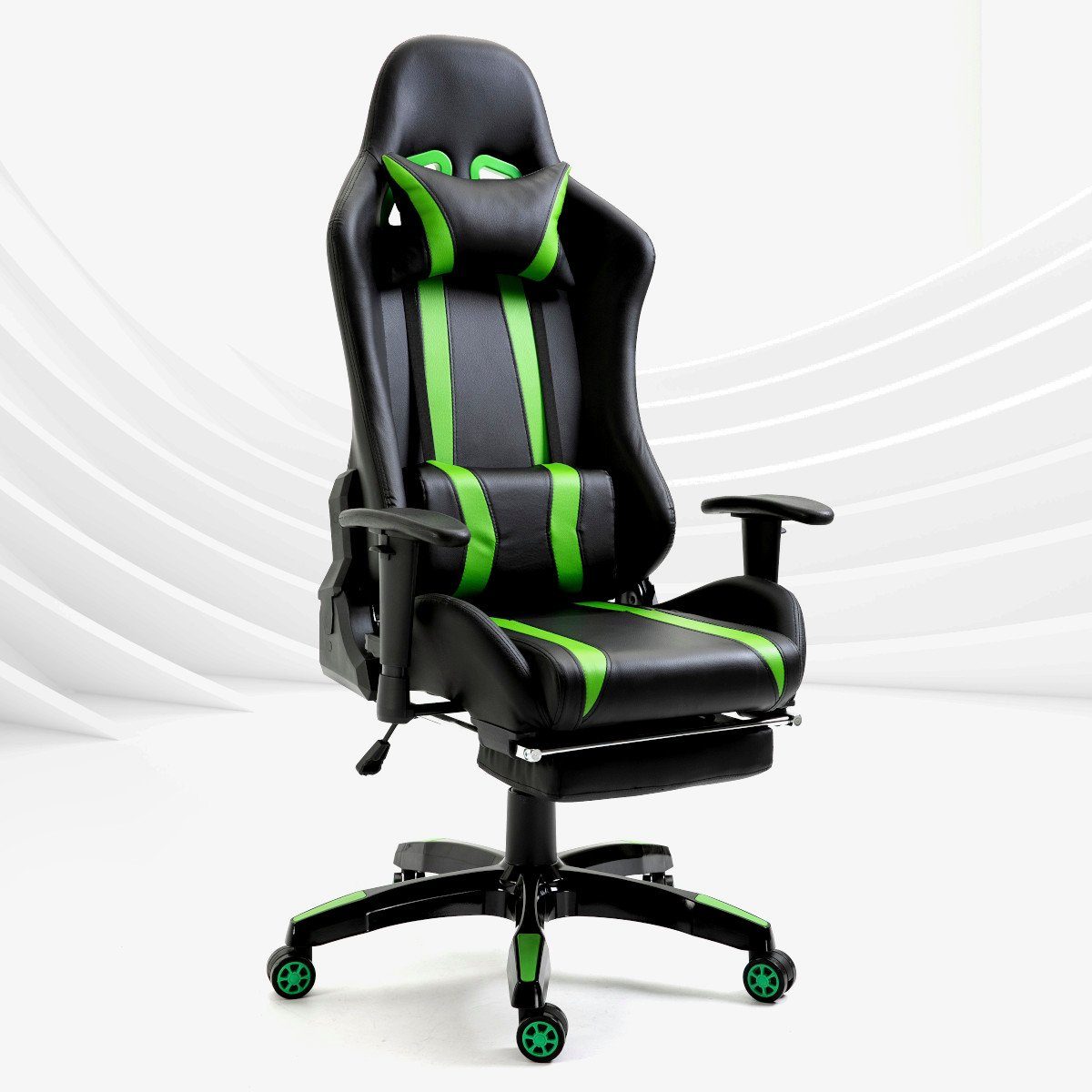 SVITA Gaming Chair GAMYX (1 St), ausziehbare Fußablage, verstellbare Armlehnen, Lenden- & Nackenkissen Schwarz mit grünen Streifen | Schwarz mit grünen Streifen | Stühle