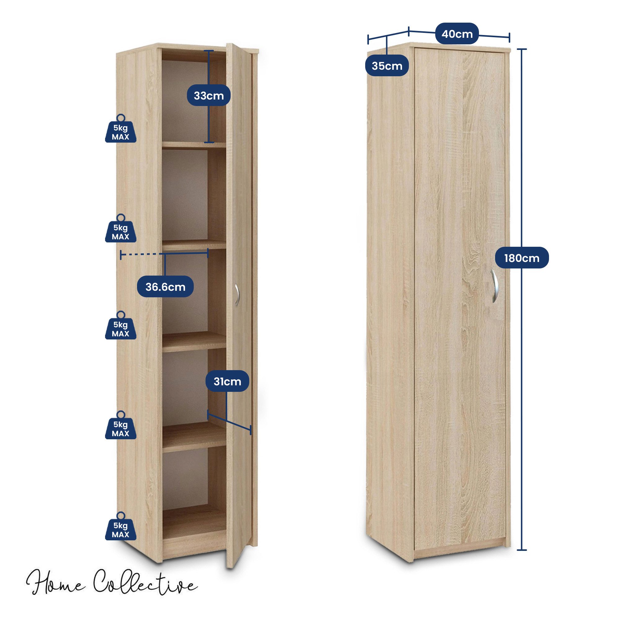 Home Collective Aktenschrank Bücherregal Mehrzweckschrank Schrank Kleiderschrank mit Einlegeböden (Garderobenschrank Regal für Schlafzimmer Flur Keller Büro) Einlegeböden verstellbar 40x35x180cm (BxTxH), sonoma