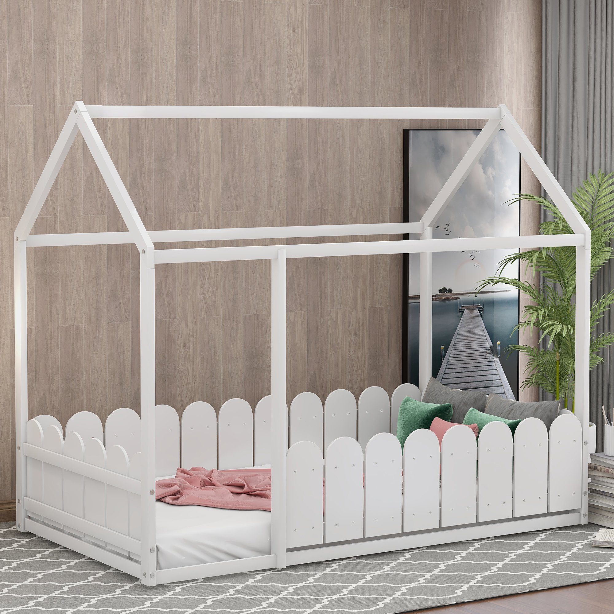Kinderbett (Spielbett), 80x160 cm Hausbett für Kinder, Mädchen & Jungen, massivem Kiefernholz