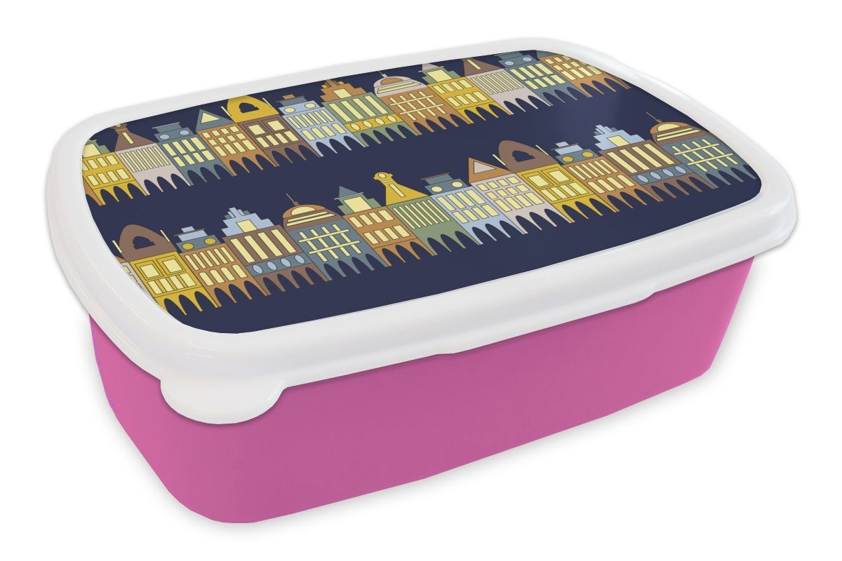 MuchoWow Lunchbox Muster Häuser Kunststoff, Snackbox, Kinder, Erwachsene, Kunststoff für - Brotdose - Mädchen, Gebäude, Brotbox (2-tlg), rosa