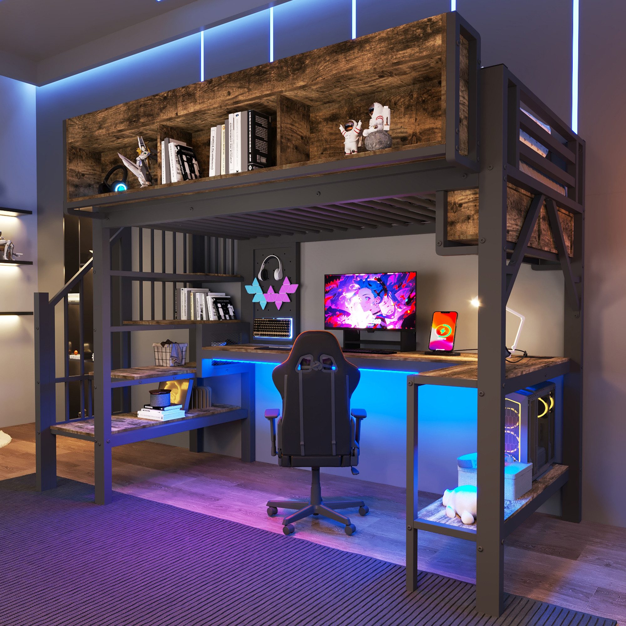 HAUSS SPOLE Hochbett 90x200 Kinderbett mit Eckschreibtisch & Lochplatte,Jugendbett mit LED (Bettgestell mit integriertem Arbeitsbereich, Stauraumtreppe und multifunktionaler Ausstattung) Vintage braun-schwarz,EU-Steckdose*2 + USB + Typ C