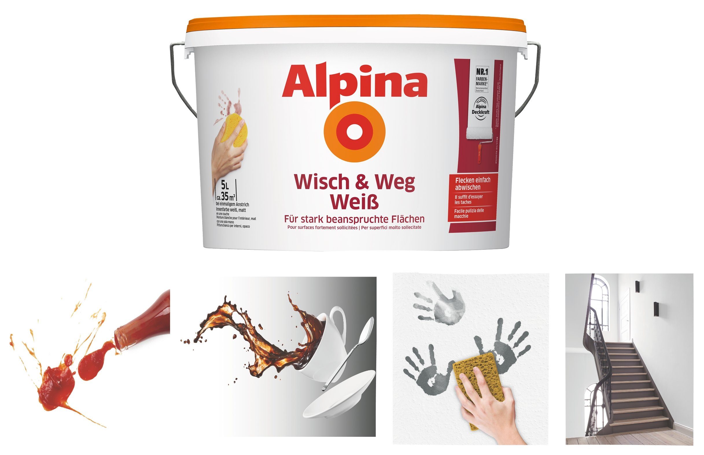 Alpina Wand- und Deckenfarbe Wisch & Weg 5 Liter Wandfarbe Weiss Matt