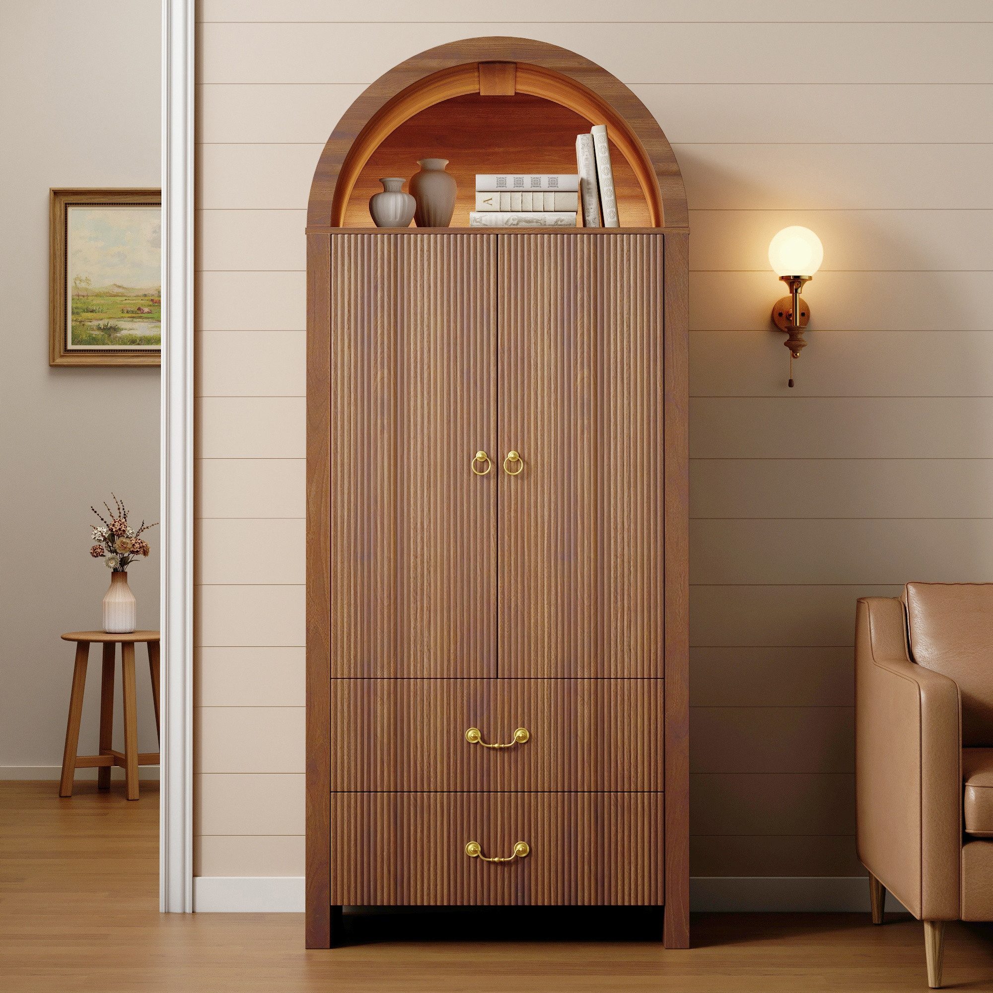 Merax Hochschrank mit LED-Beleuchtung inkl.APP, Aufbewahrungsschrank mit Bogen-Nische (76 L x 38 B x 180 H cm, 1-St) Wohnzimmerschrank mit 2 Türen, 2 Schubladen und geriffelter Front