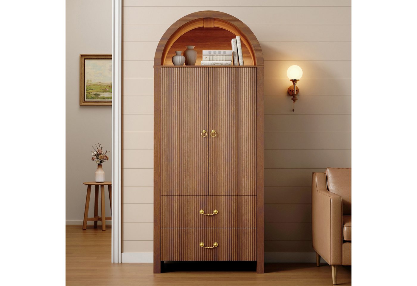 Merax Hochschrank mit LED-Beleuchtung inkl.APP, Aufbewahrungsschrank mit Bogen-Nische (76 L x 38 B x 180 H cm, 1-St) Wohnzimmerschrank mit …