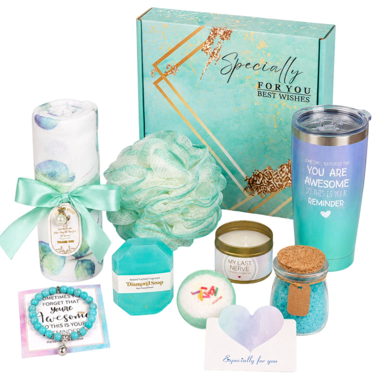 Fyrove Pflege-Geschenkset Luxus Wellness Geschenkset für Damen,Weihnachten, Valentinstag Körperpflege Geschenkbox Set mit Badezusätzen, Duftkerze, Trinkbecher & Armband – Ideales Geschenk für Frauen, 10-tlg., Self Care Box Frauen,Beauty Geschenkset Damen,Verwöhnset Damen