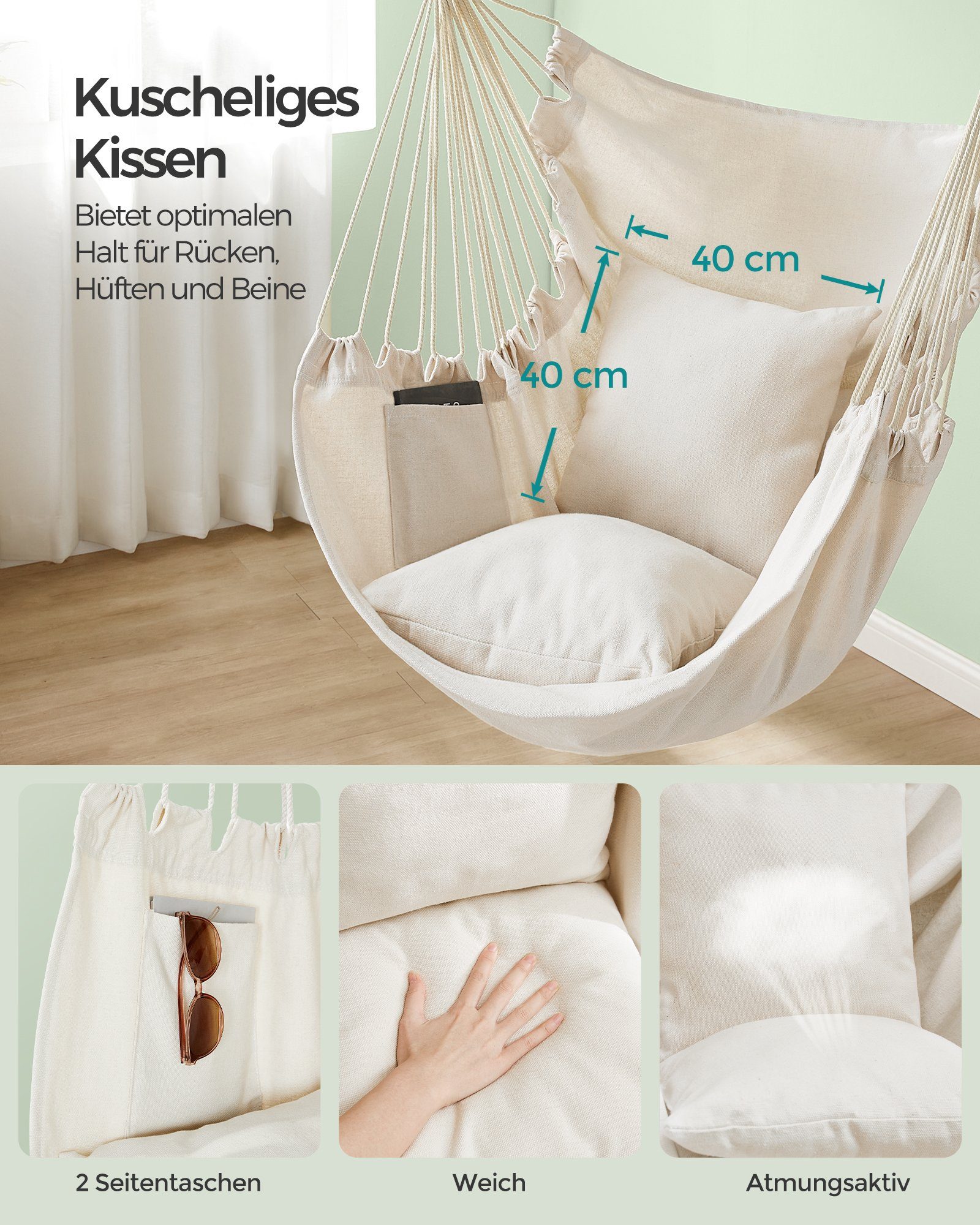 SONGMICS Hängesessel, Hängestuhl mit 2 Kissen, Metallkette, bis 150 kg belastbar