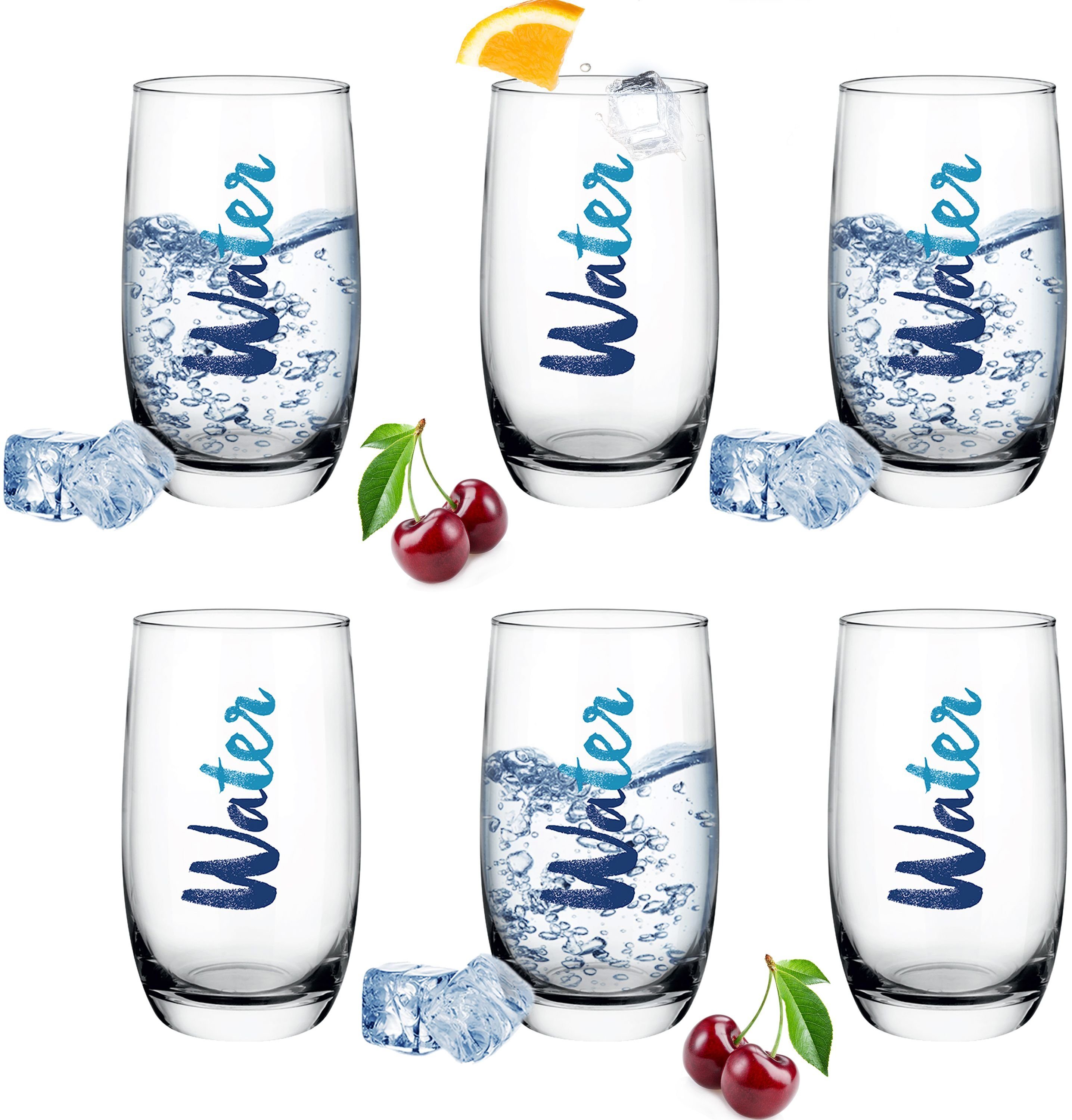 PLATINUX Glas Hohe Trinkgläser mit Water-Print, Glas, 320ml (max. 380ml) Стаканы для воды Saftgläser Getränkeglas