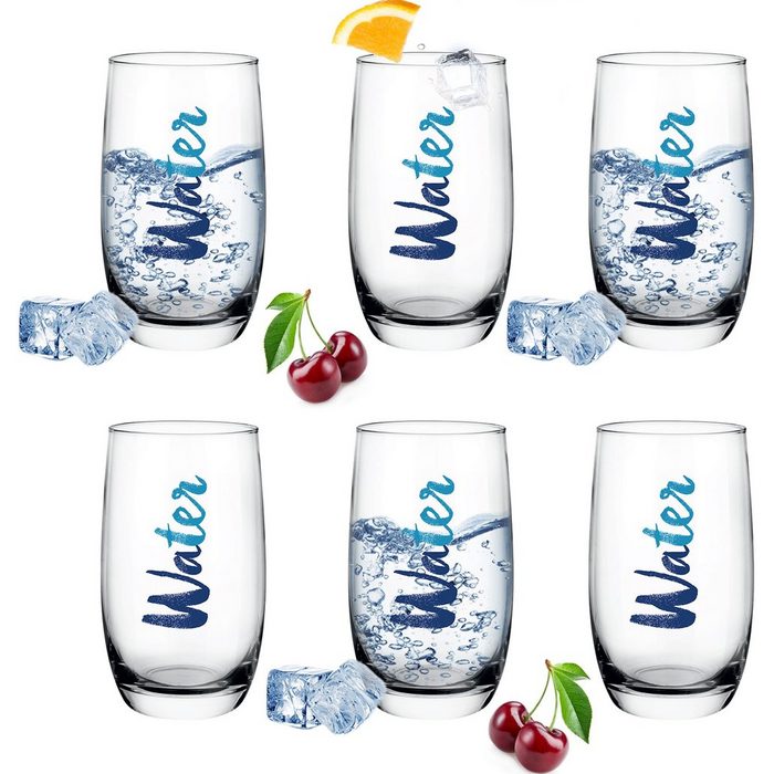 PLATINUX Glas Hohe Trinkgläser Glas mit Water-Print 320ml (max. 380ml) Set 6-Teilig Wassergläser Saftgläser Getränkeglas