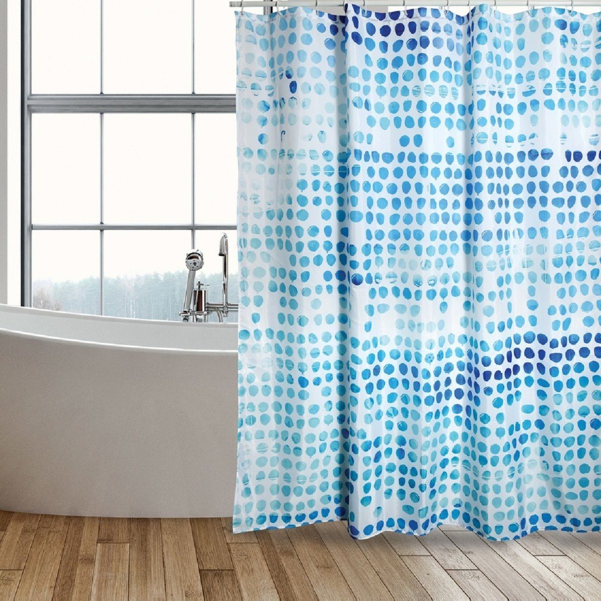 MSV Duschvorhang WATERCOLOR Breite 180 cm, Textil-Duschvorhang, 100% Polyester, wasserabweisend, Anti-Schimmel-Effekt, waschbar 30°, Farbe weiß / blau, 180 x 200 cm
