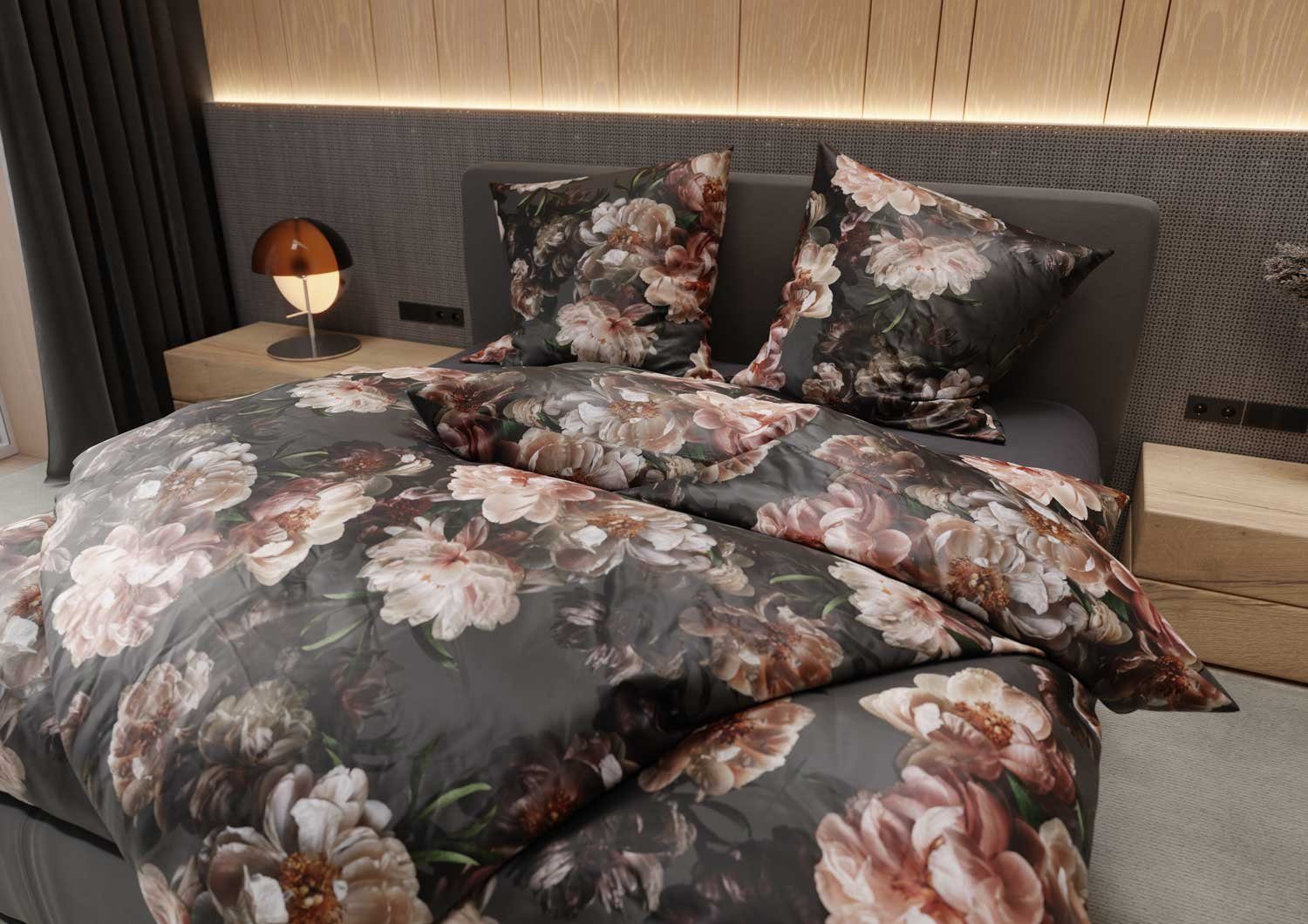 BETTWAESCHE-MIT-STIL Bettwäsche Mako Satin Bettwäsche midnight Flower rose günstig online kaufen