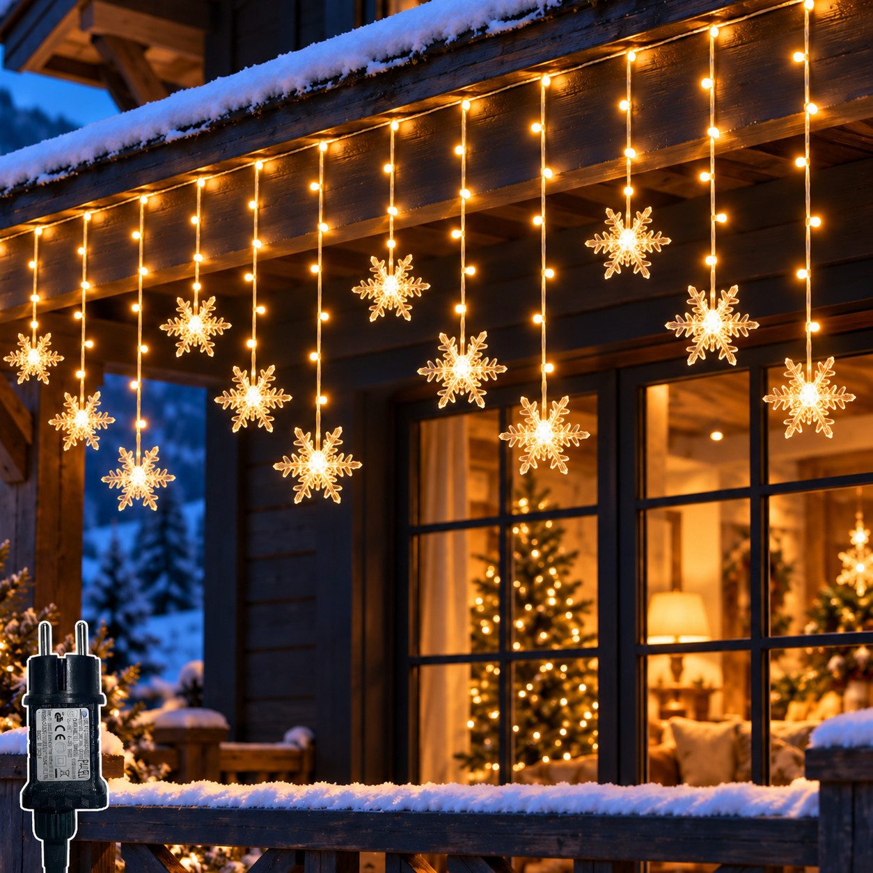 MUPOO Lichtervorhang 3,5M Warmweiß LED Schneeflocke Lichterkette 8 Modi & Timer, 94-flammig, innen & außen Weihnachtsdeko