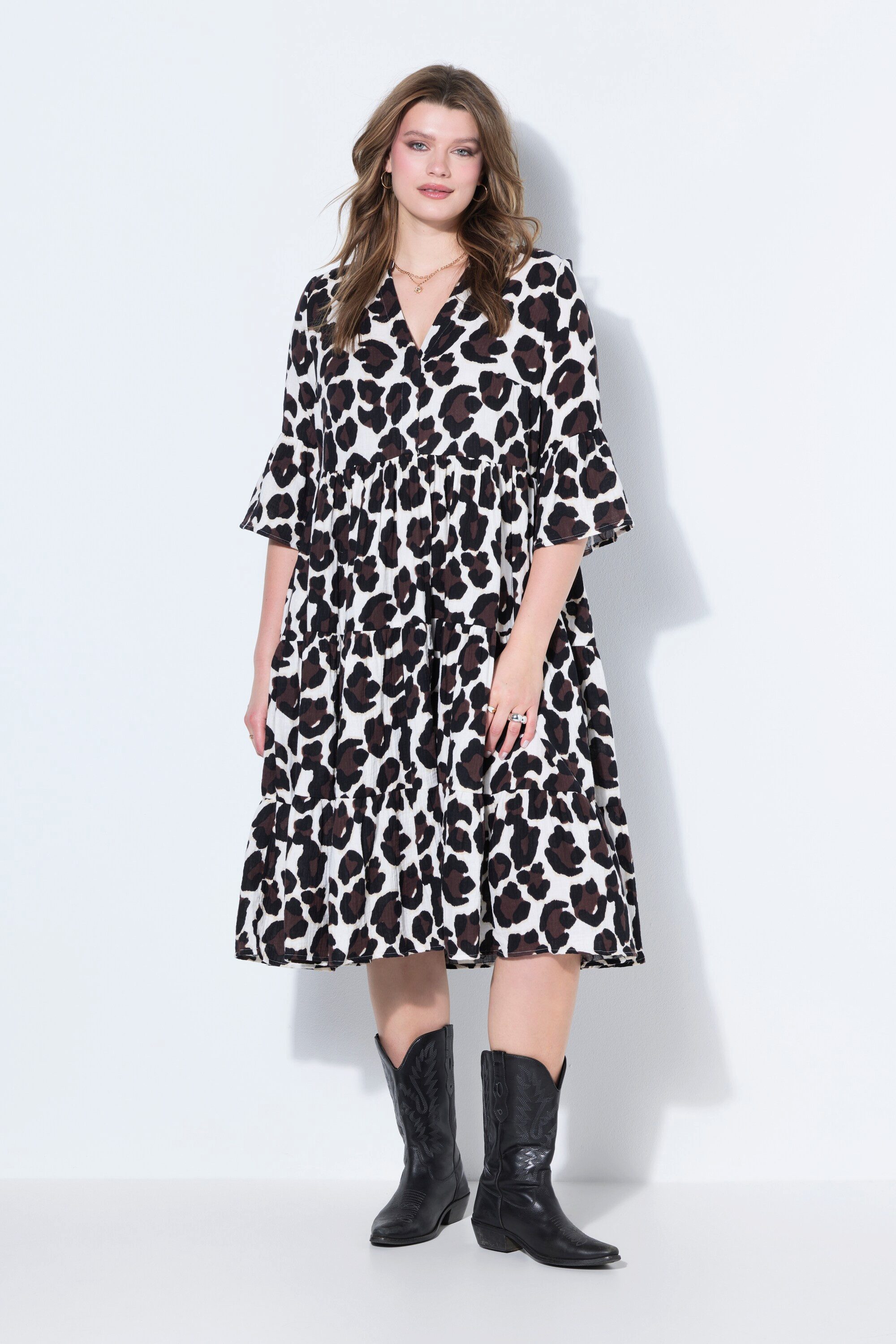 Studio Untold Midikleid Maxikleid A-Line Musselin Leo Volants