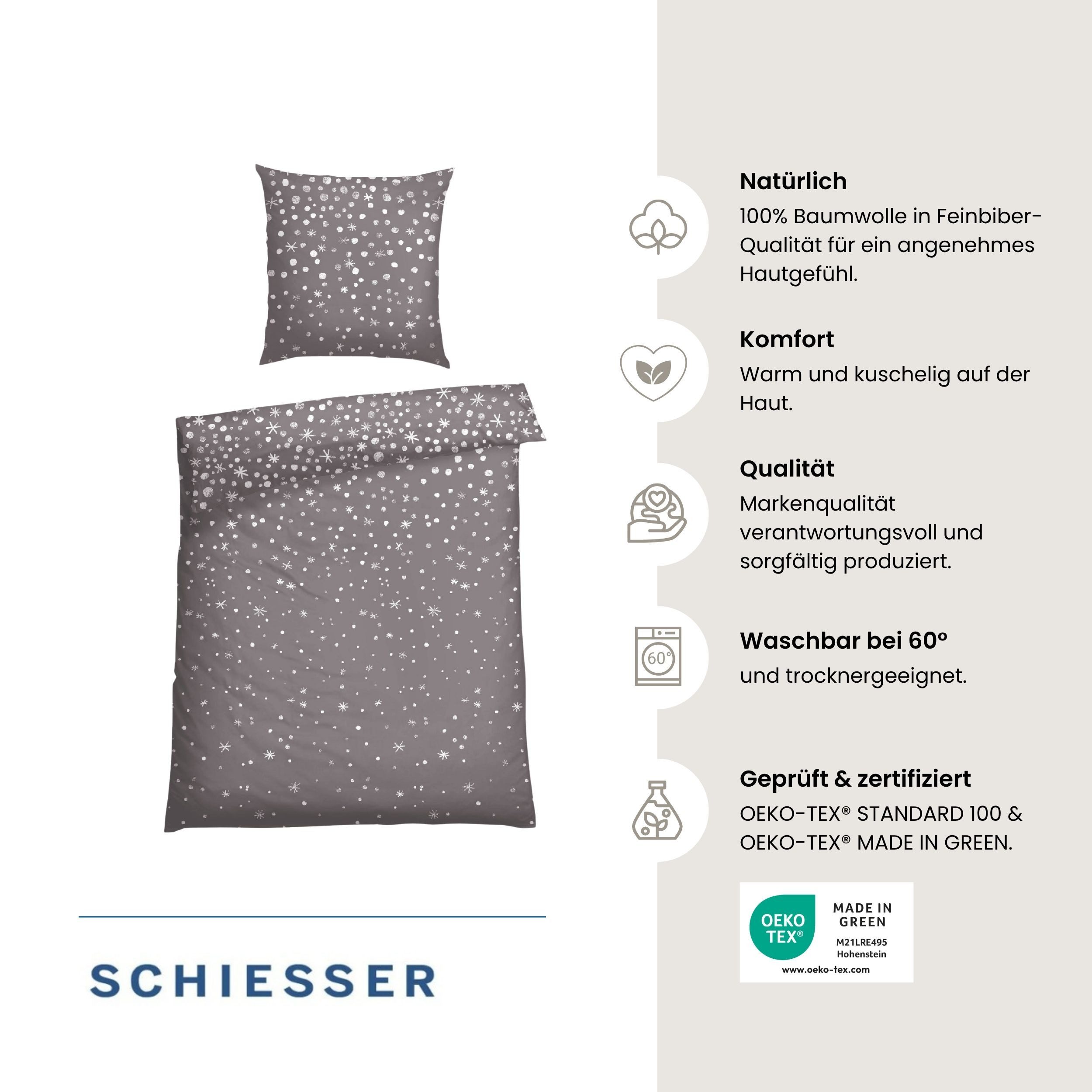 Schiesser Bettwäsche Runa aus weicher Baumwolle mit coolem Winter-Print, Feinbiber, 2 teilig, OEKO-TEX® MADE IN GREEN-zertifiziert – Bild 2 von 5