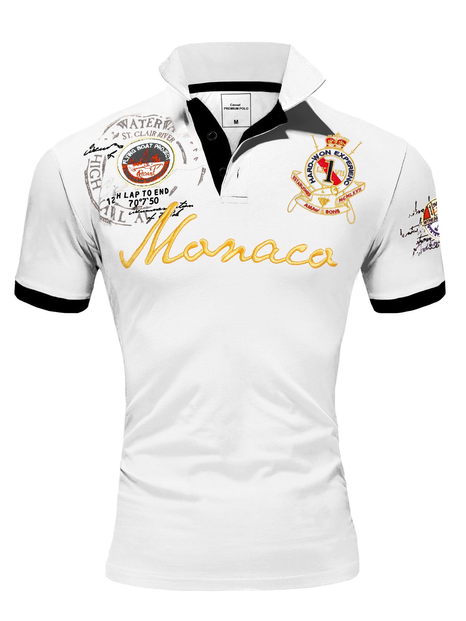 Amaci&Sons Poloshirt Monaco 2.0 Poloshirt mit Stickerei Herren Basic Kontrast Monaco Stickerei Kurzarm Polohemd T-Shirt Weiß