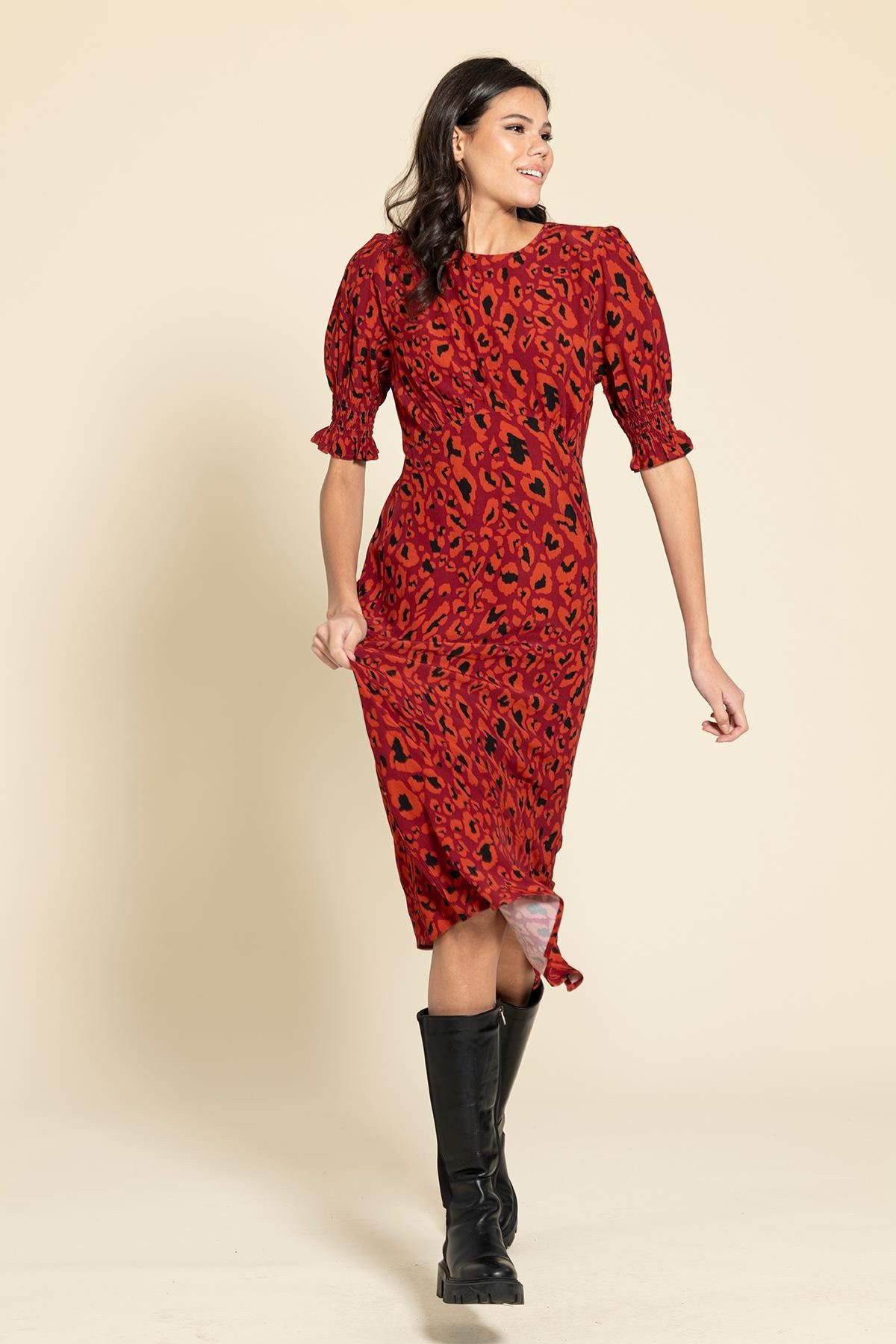 For You Moda Midikleid Leopardenmuster Rotes Kleid mit geraffter Taille