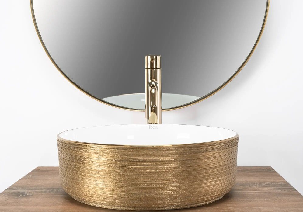 wohnwerk.idee Aufsatzwaschbecken Waschbecken Keramik Sami Brushed Gold Gebürstet rund Ø36,5cm