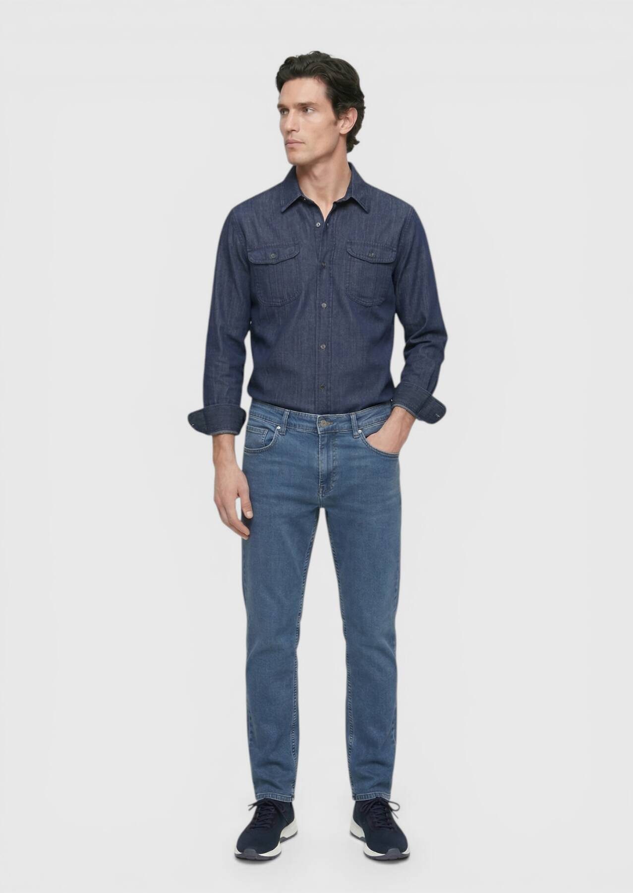 RAMSEY Jeanslatzhose Marineblaue Velours Jeanshose, Slim Fit