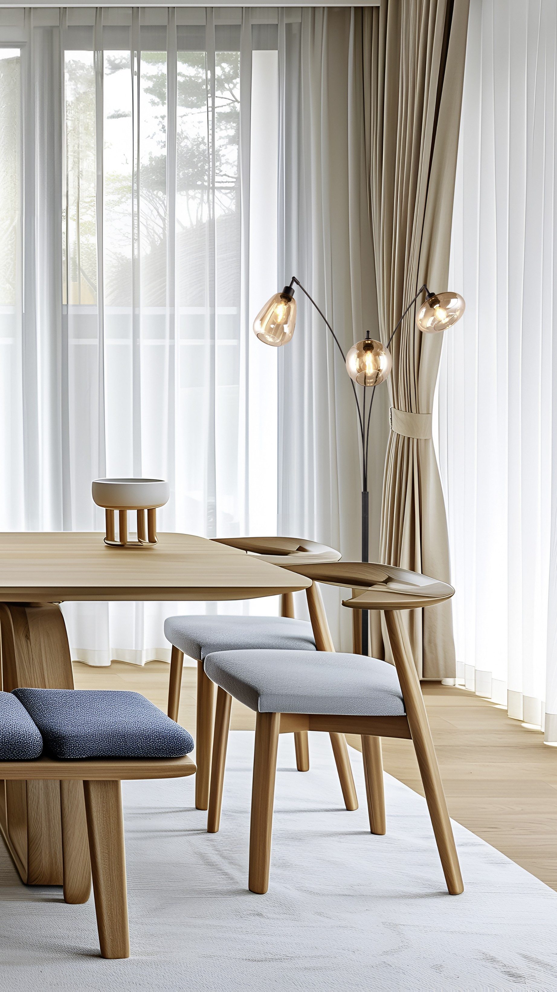 TRIO Leuchten Stehlampe Lumina, gebogene Stehleuchte mit Glasschirmen exkl 3xE14 max 10W, Leuchtmittel wechselbar, warmweiß - kaltweiß, amberfarbige Gläser in 3 Formen, Fußschalter, Bogenleuchte Höhe 200 cm