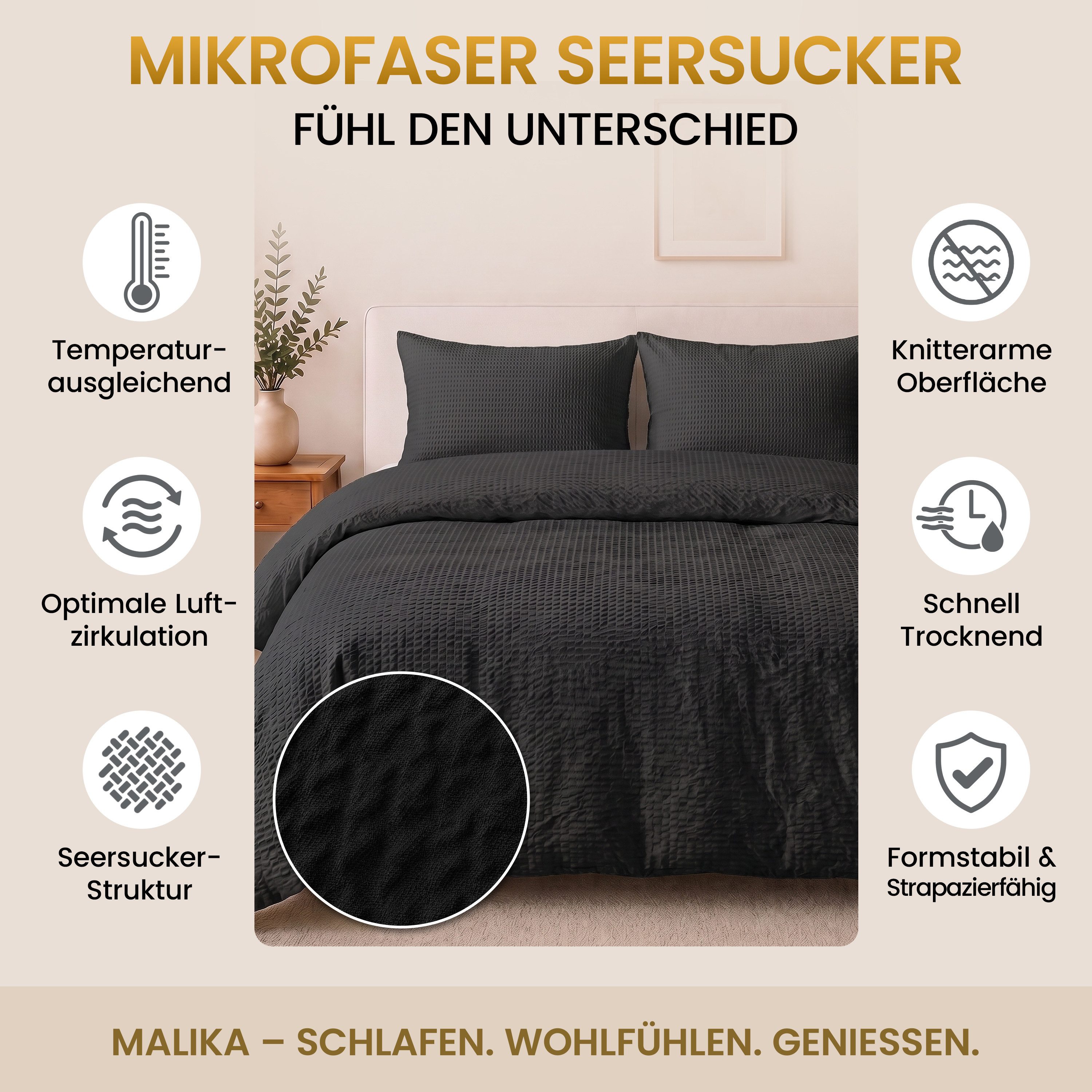 Malika Bettwäsche aus 100 % Mikrofaser, 155x220 + 80x80 cm, Seersucker, Schwarz, Seersucker, 2 teilig, Für Allergiker geeignet, pflegeleicht, angenehm weicher Stoff