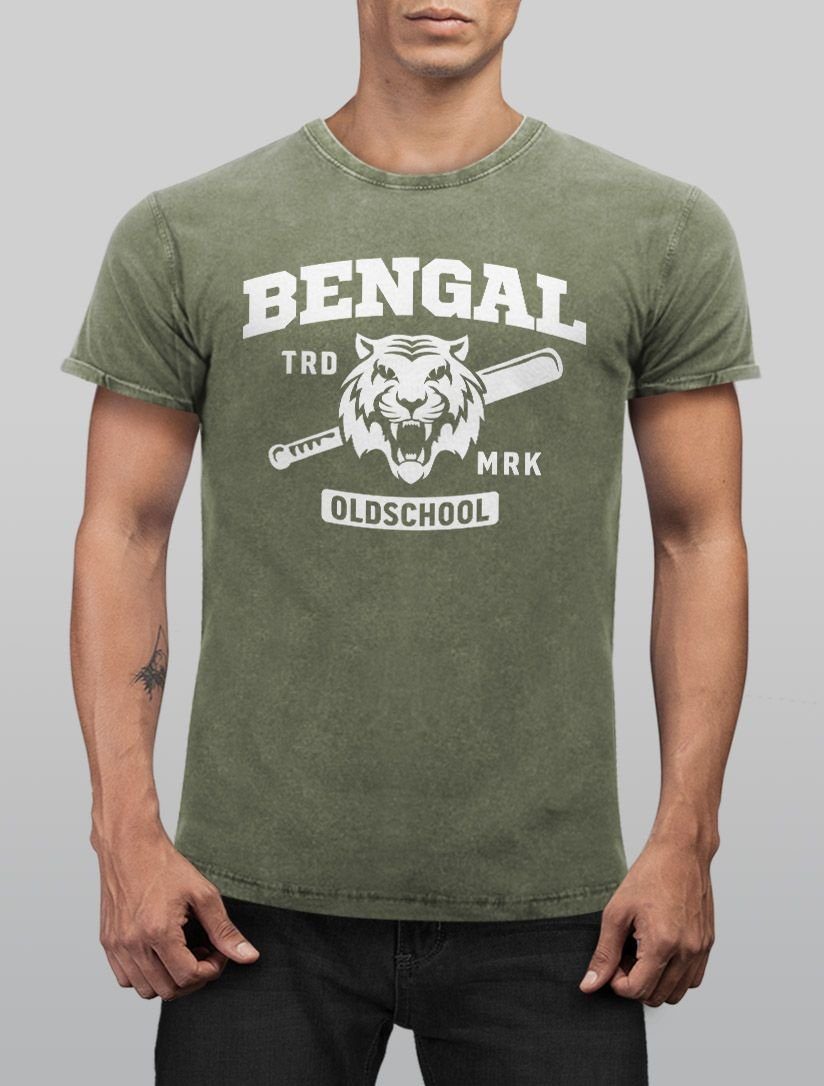 Sport Vintage Slim Shirt Used oliv Bengal Tiger Neverless Printshirt mit Baseball Print-Shirt T-Shirt Neverless® Look Herren Fit Aufdruck USA Print