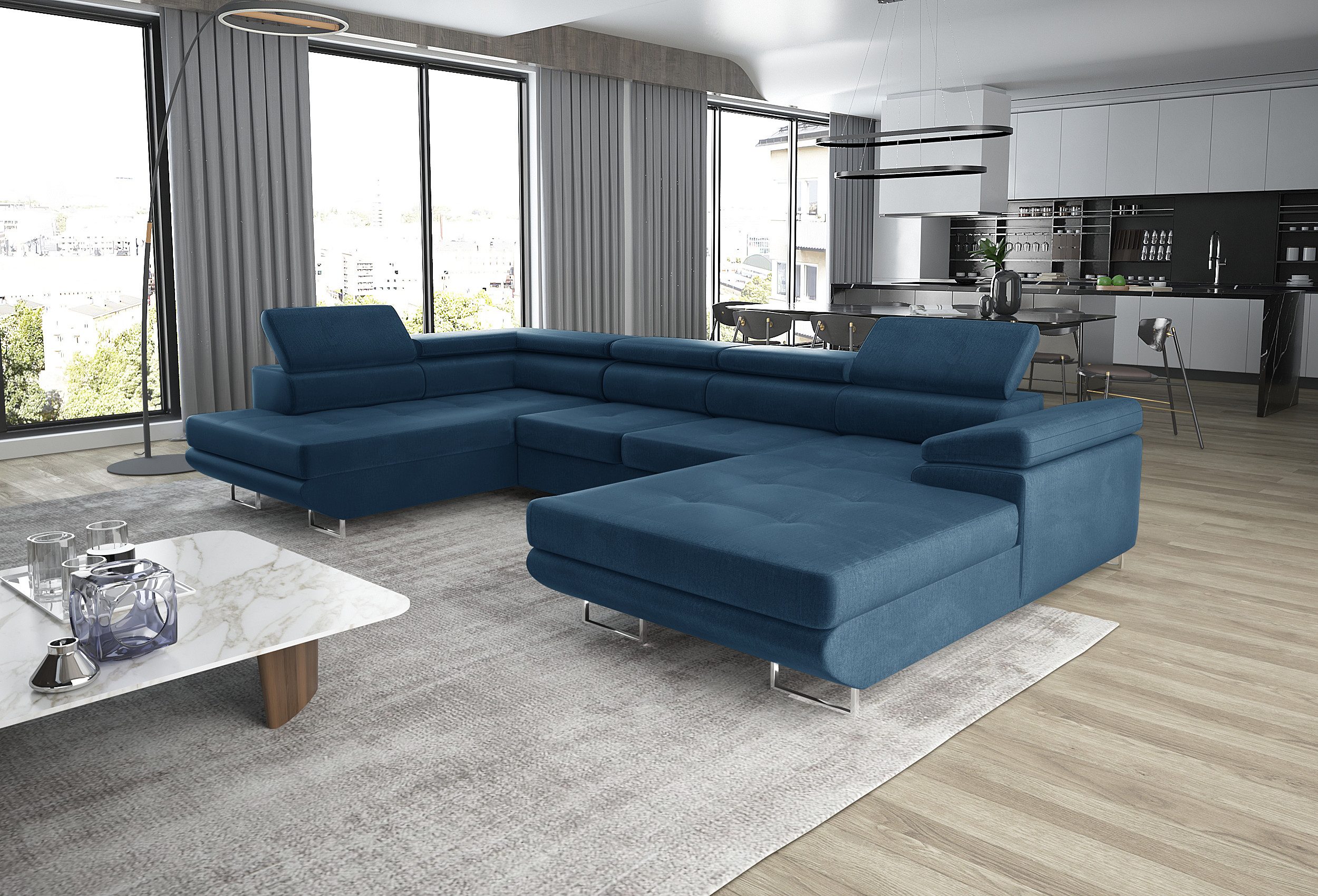 thematys Ecksofa GRENADA in Samt Monolith oder Cord Poso Stoff 355 x 162 cm, U-Form 3 Teile XL-Wohnlandschaft mit Schlaffunktion und Bettkasten