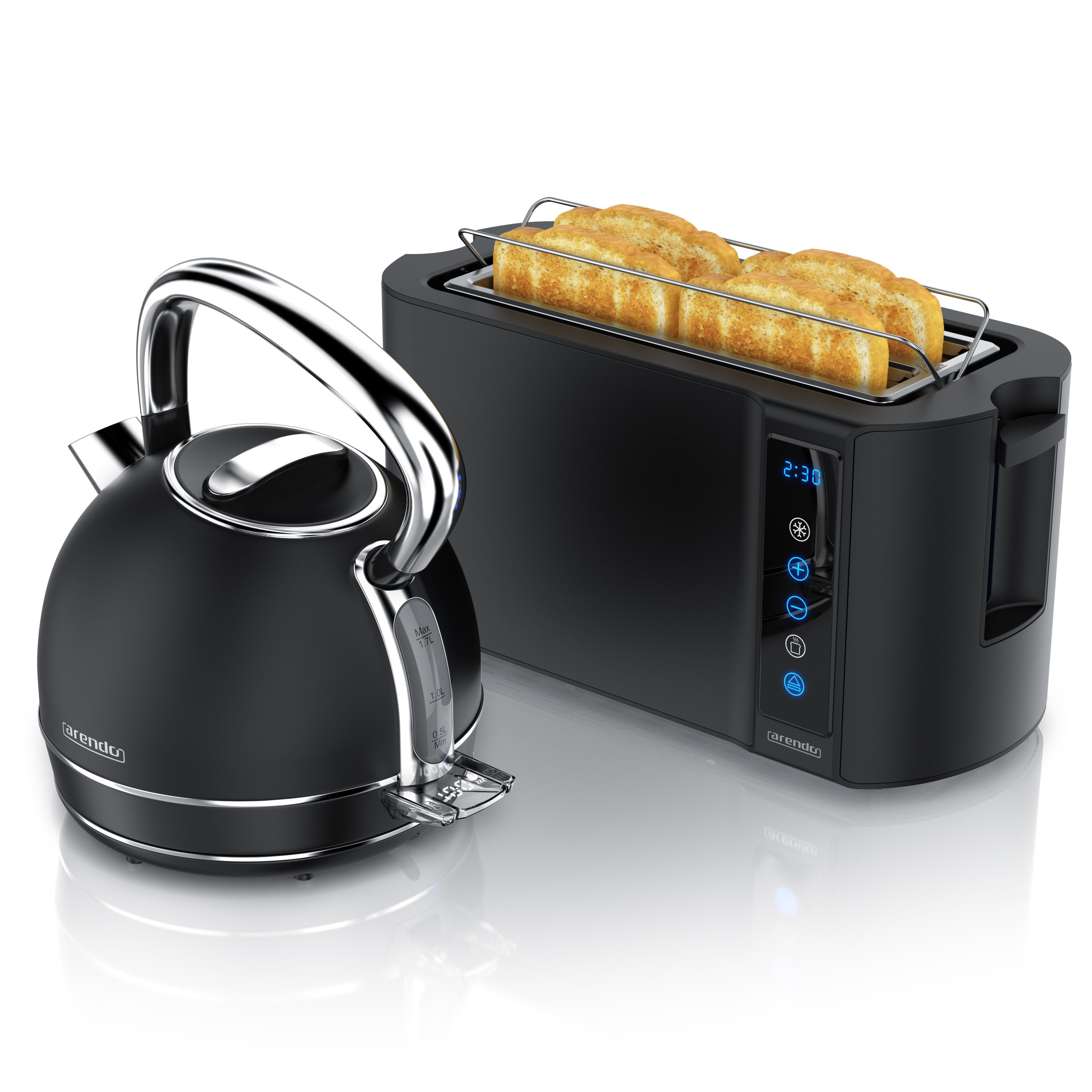 Arendo Frühstücks-Set Edelstahl Wasserkocher 1,7l, 4-Scheiben Langschlitz Toaster, schwarz (2-tlg), Wasserkocher Temperatureinstellung, Toaster Brötchenaufsatz, Touch