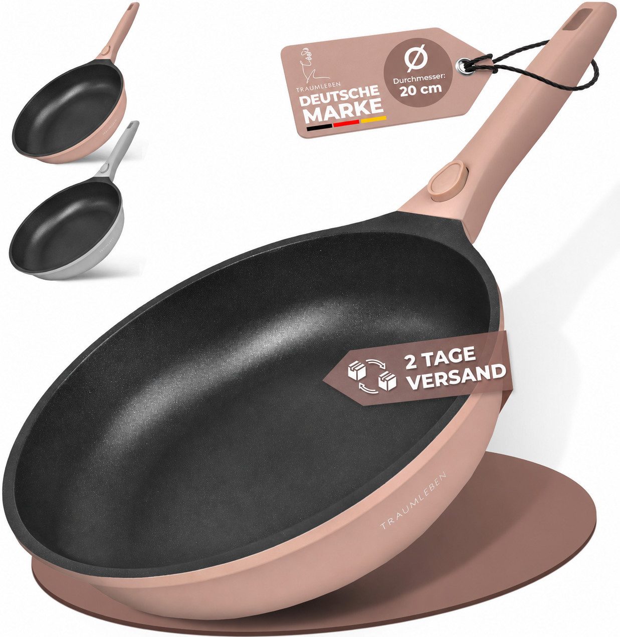 TRAUMLEBEN Bratpfanne Antihaftbeschichtung, Induktion, abnehmbarer Griff, backofenfest, Aluminium, Beschichtete Pfanne