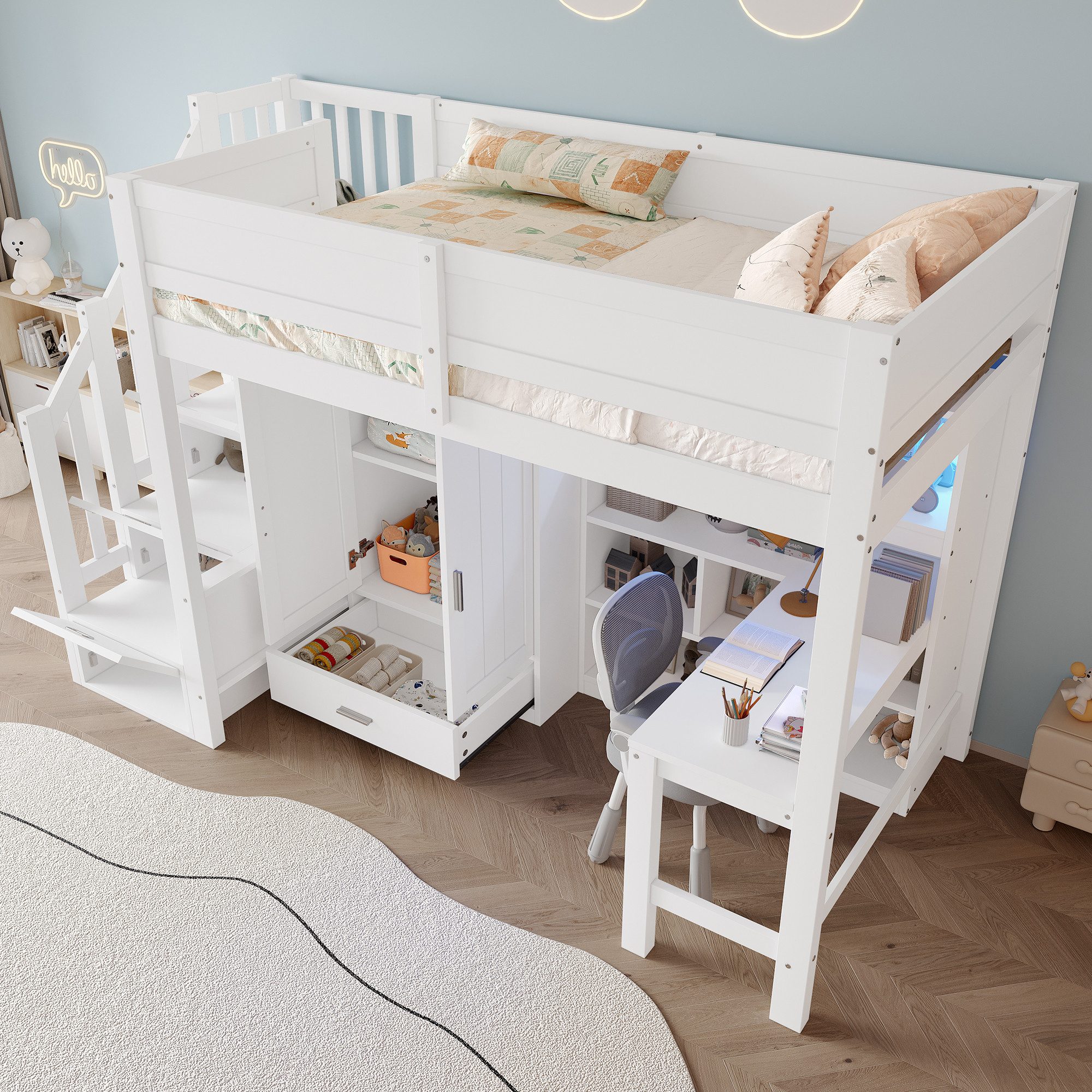 Merax Hochbett 90x200cm mit LED-Beleuchtung (1-St., Massivholz Jugendbett Einzelbett Hausbett) Kinderbett mit Schreibtisch, Kleiderschrank, Regal und Stauraumtr – Bild 4 von 5
