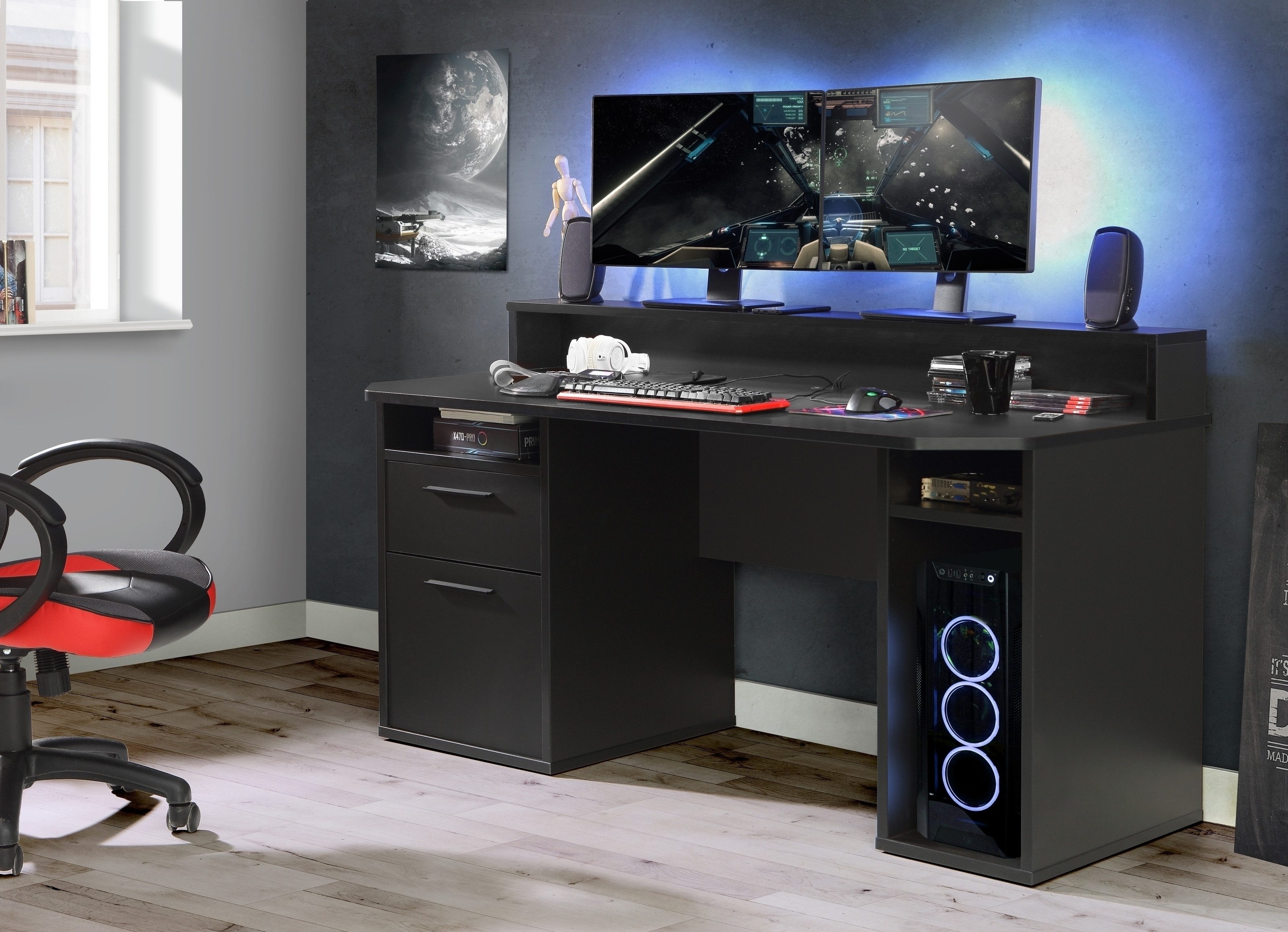 freiraum Gamingtisch TEZAUR, Schublade,Tür, 4 Fächer, schwarz - 160x91,1x72cm (B/H/T)