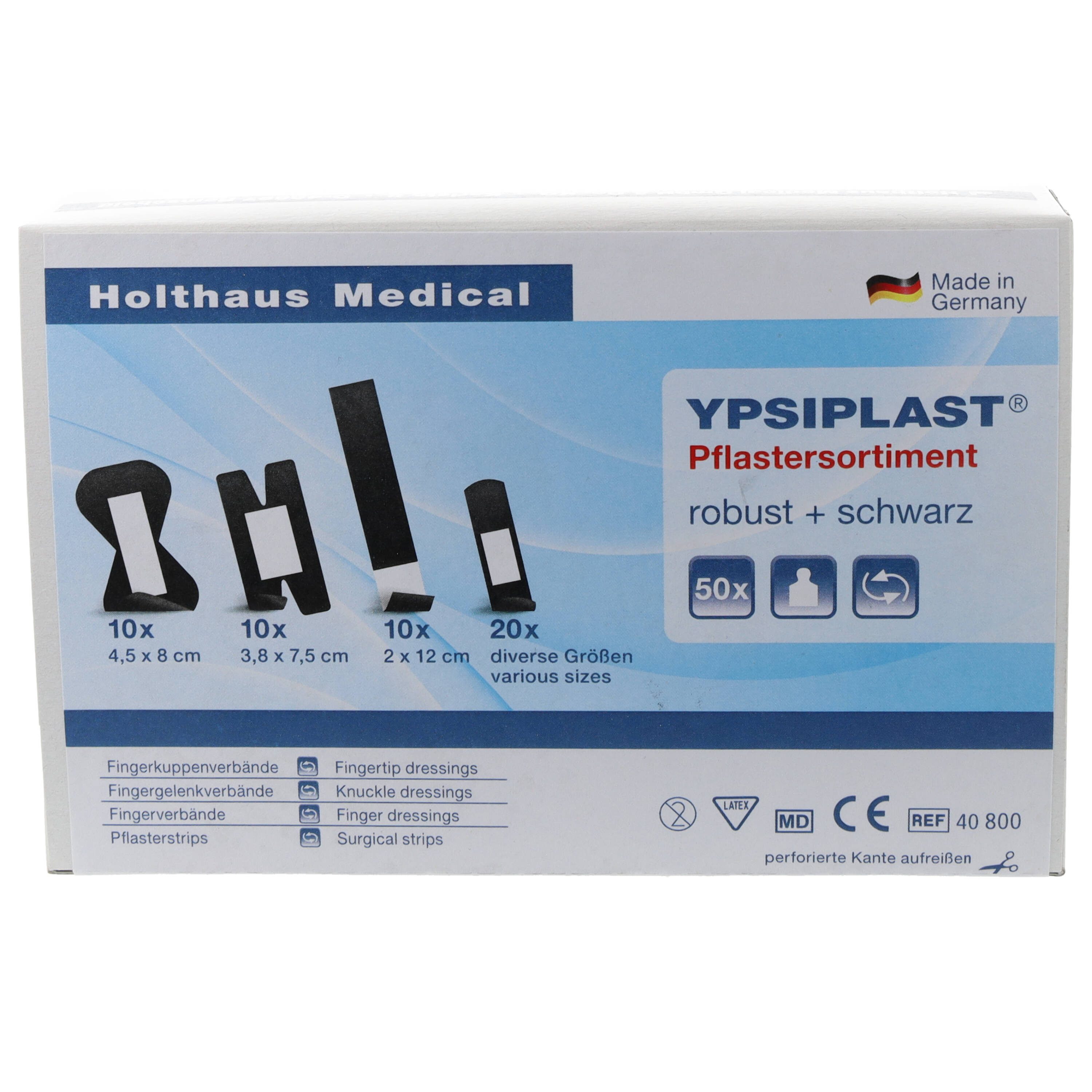 Holthaus Medical Wundpflaster YPSIPLAST Fingerpflaster Pflastersortimet robust+schwarz 50Stk (50 St., saugfähige Wundauflage), extra starke Klebekraft mit langem Klebeteil