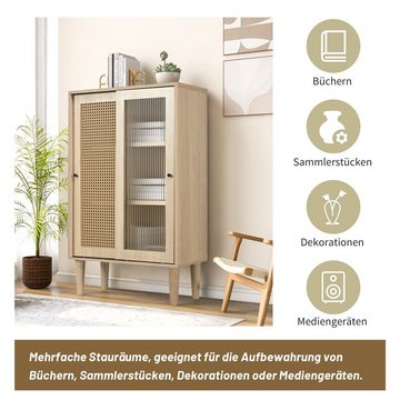 BlingBin Sideboard Stehschrank Bücherregal (1 St., mit Kunststoff-Rattantüren und Glasschiebetür), verstellbare Regalböden, Massivholzbeine, 6 Fächern