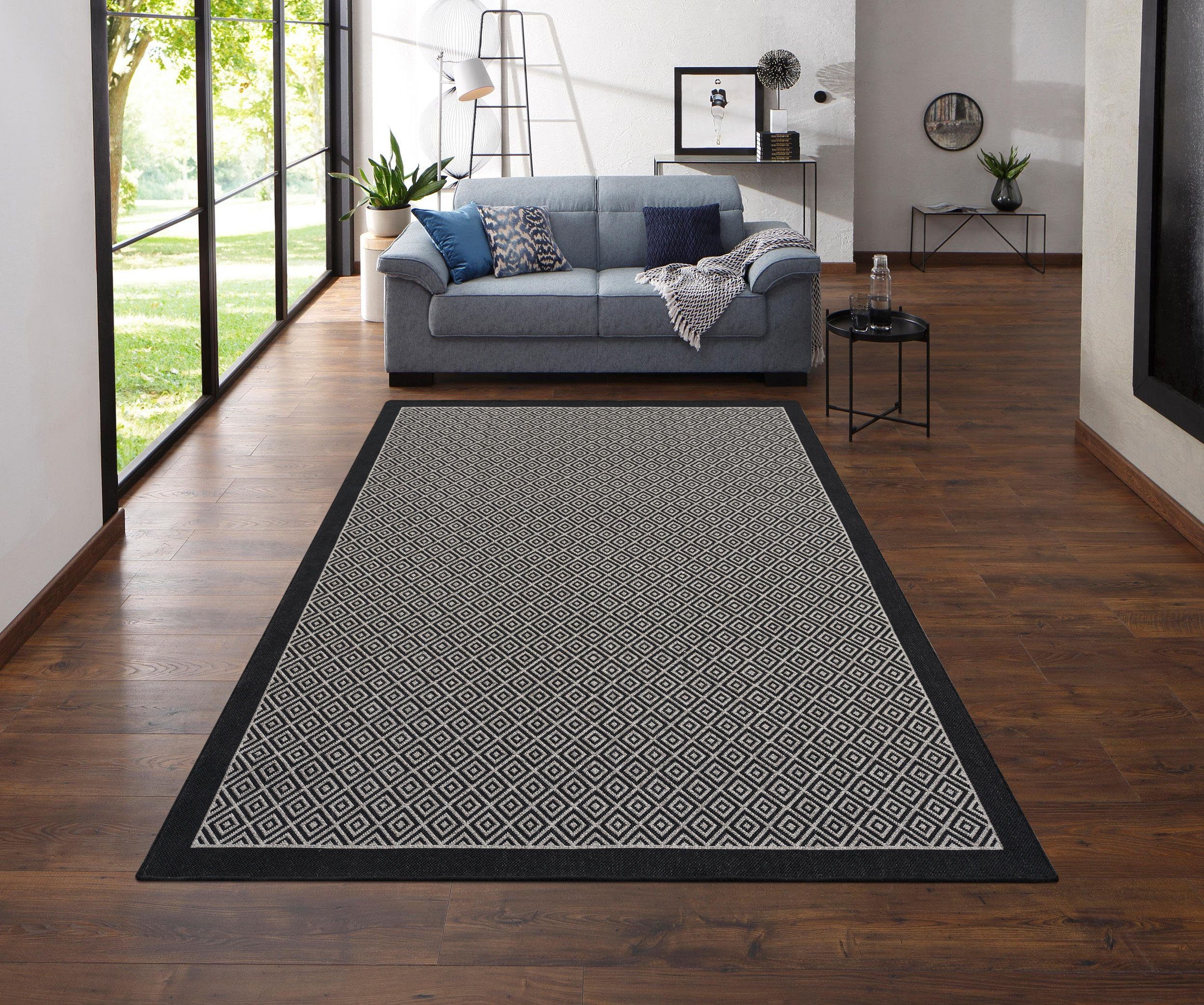 Teppich Aliza, andas, rechteckig, Höhe: 8 mm, mit Bordüre,Rauten-Design, wetterfest & UV-beständig, Outdoor geeignet grau